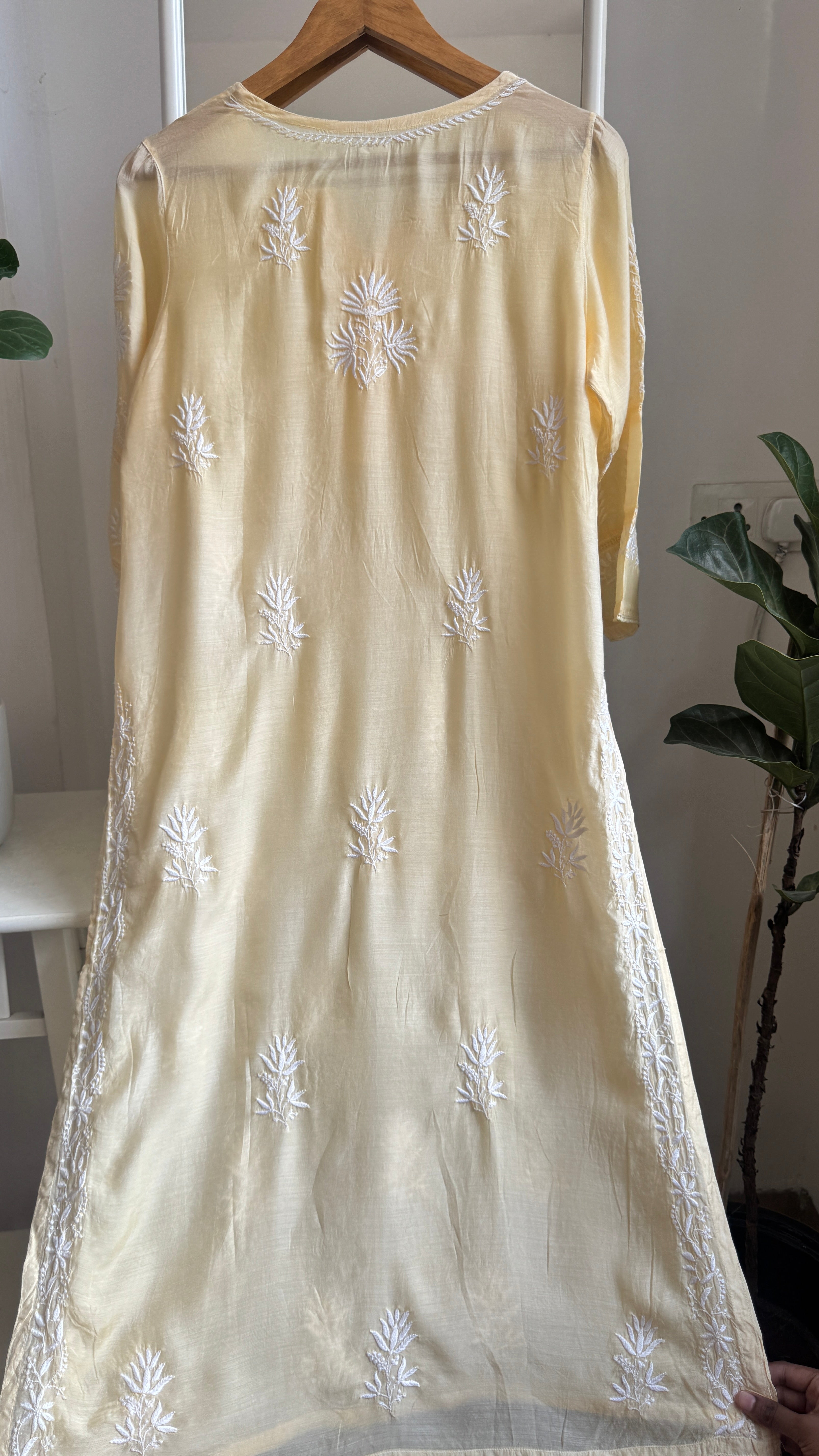 Muslin Chikankari Kurti with White Thread work - Cream Yellow - Gulzar Collection
