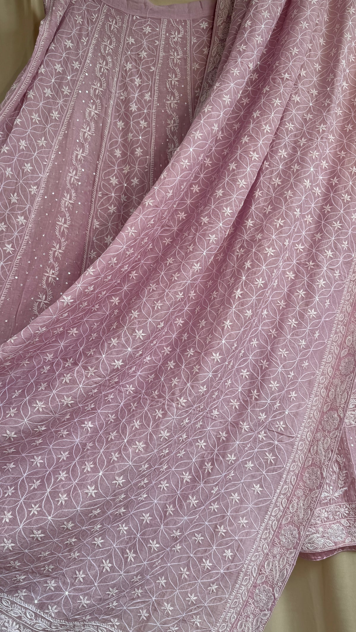 Mul Chanderi Chikankari Lehenga with Cutdana & Sequin Hand Embroidery in Mauve
