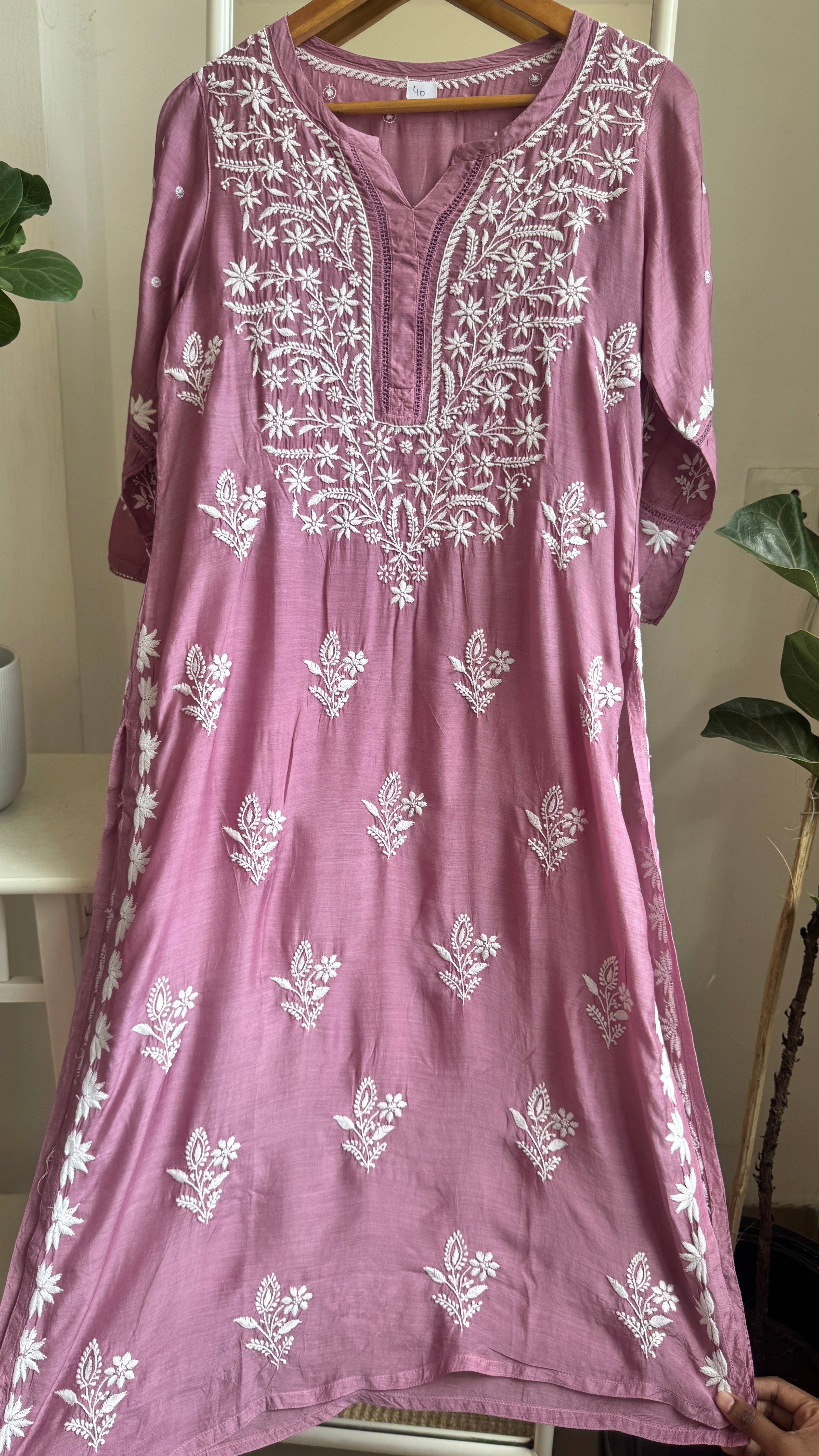 Muslin Chikankari Kurti with White Thread work - Mauve - Gulzar Collection