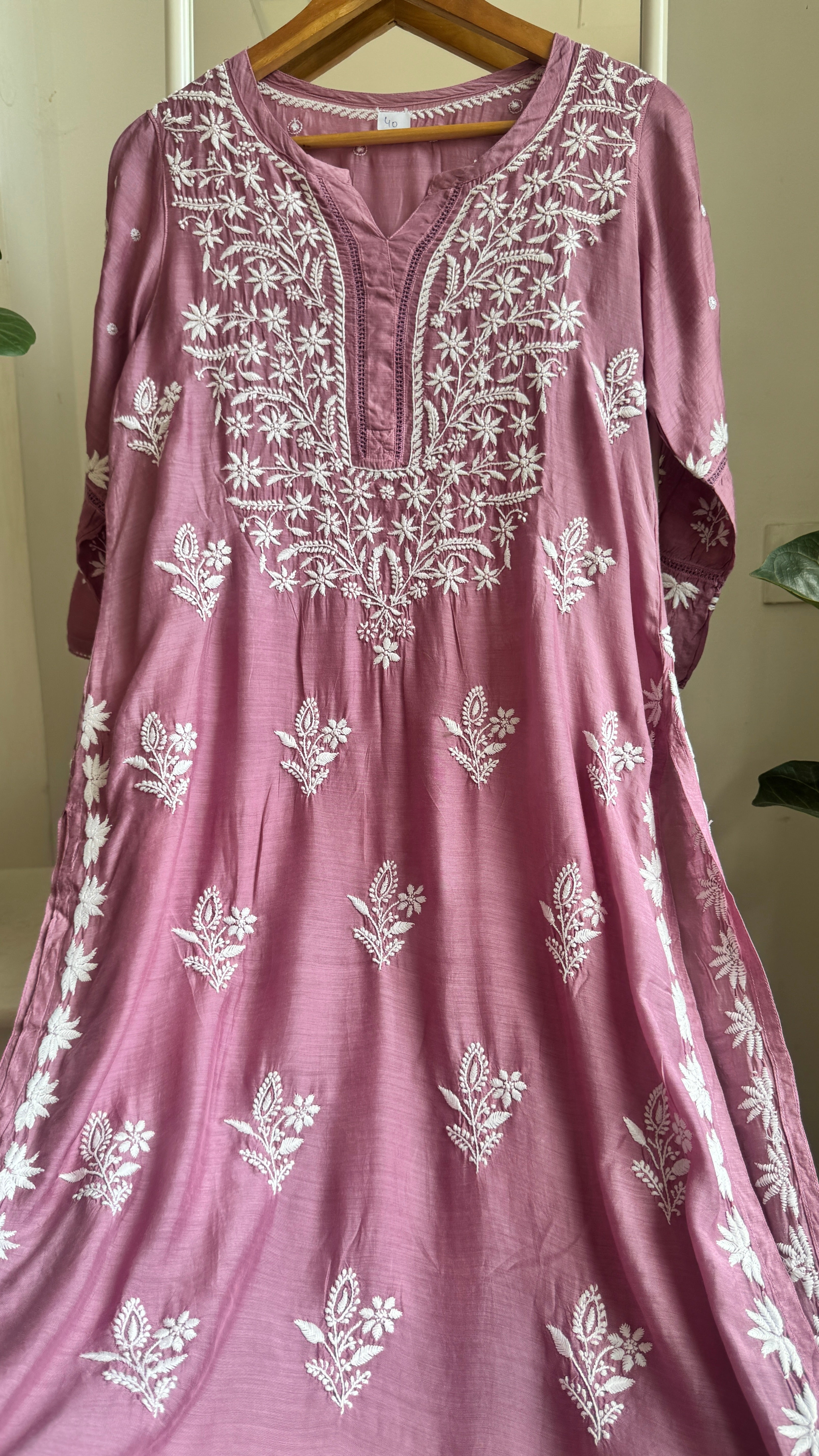 Muslin Chikankari Kurti with White Thread work - Mauve - Gulzar Collection