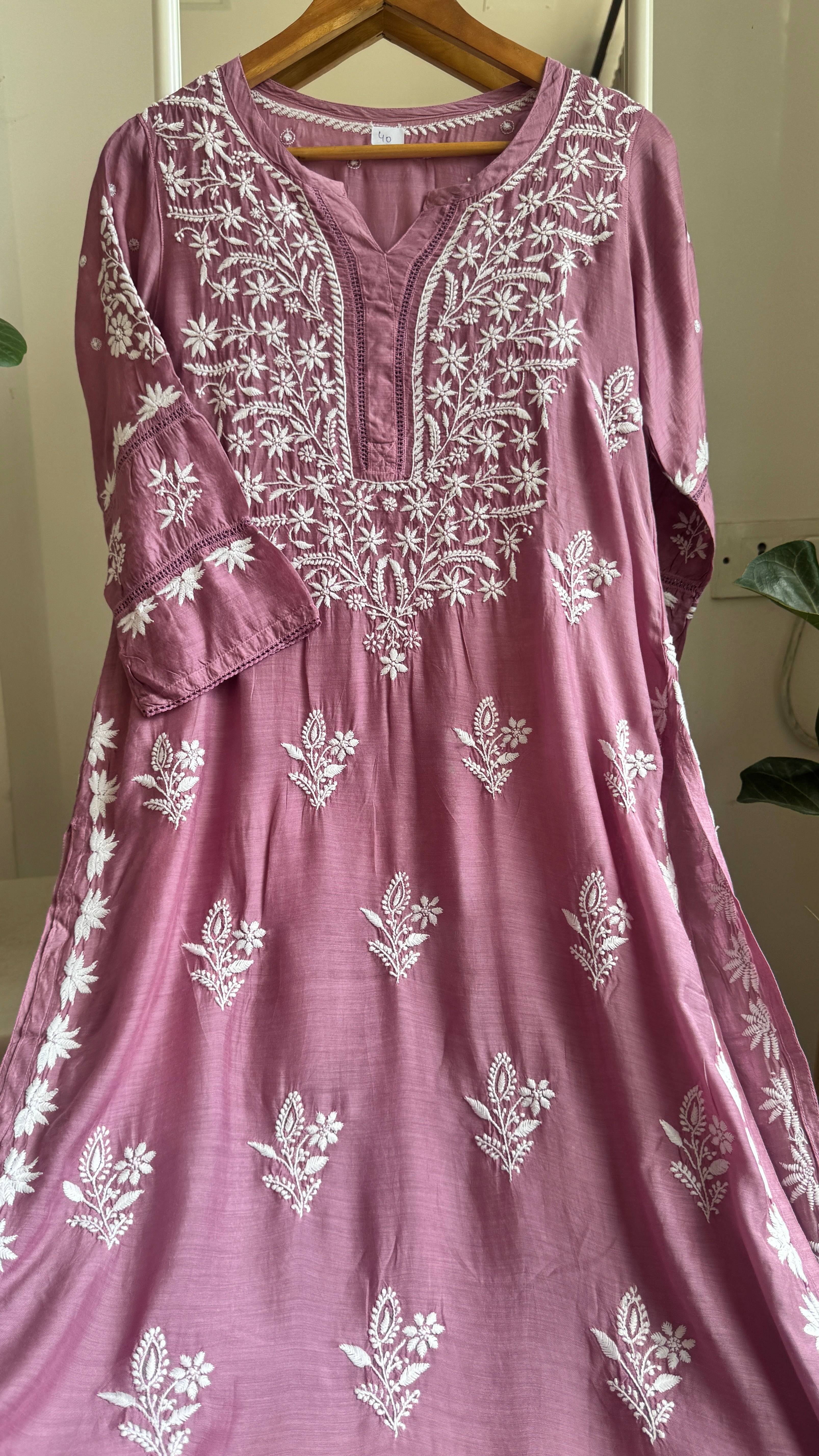 Muslin Chikankari Kurti with White Thread work - Mauve - Gulzar Collection