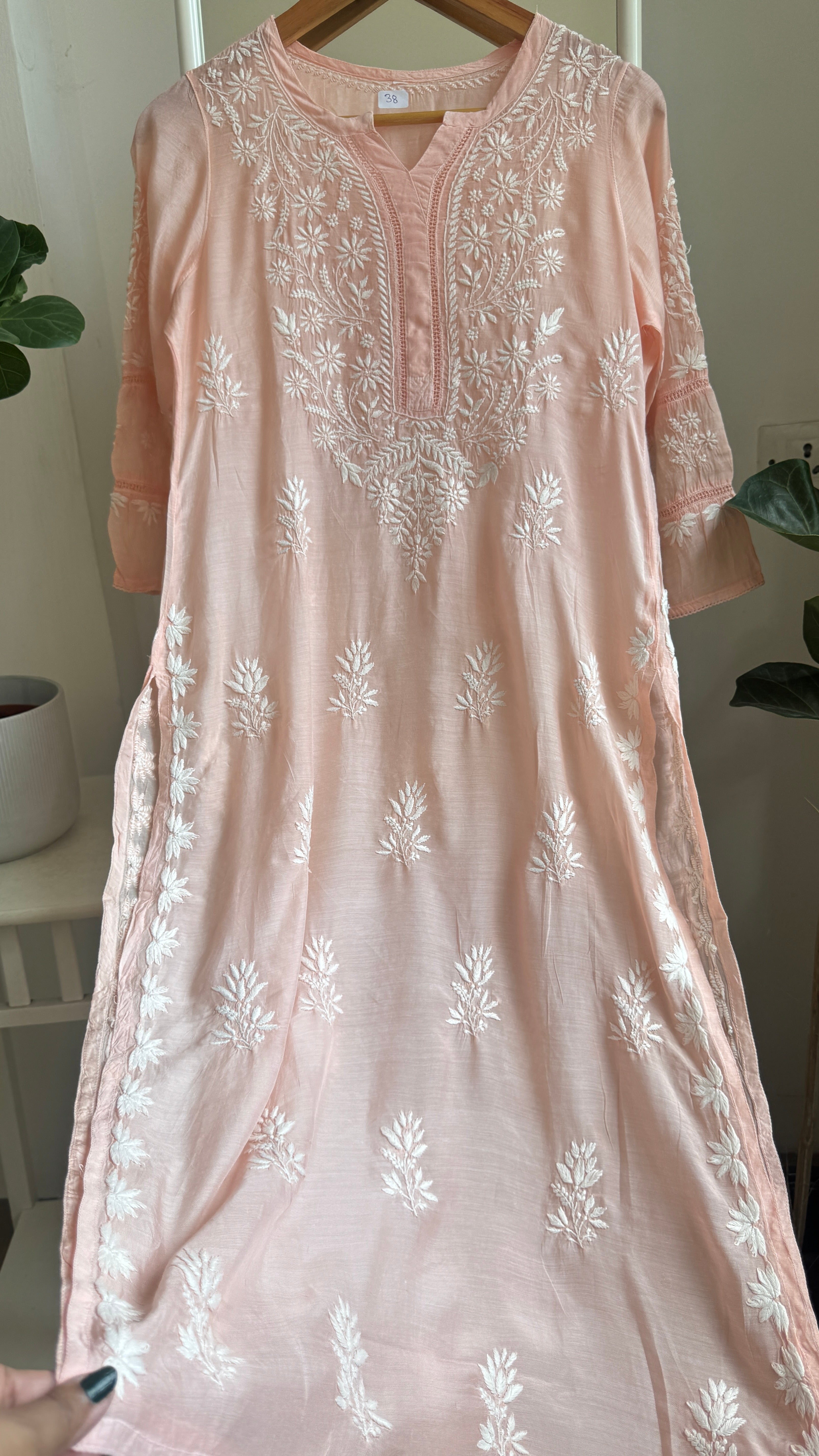 Muslin Chikankari Kurti with White Thread work - Peach - Gulzar Collection