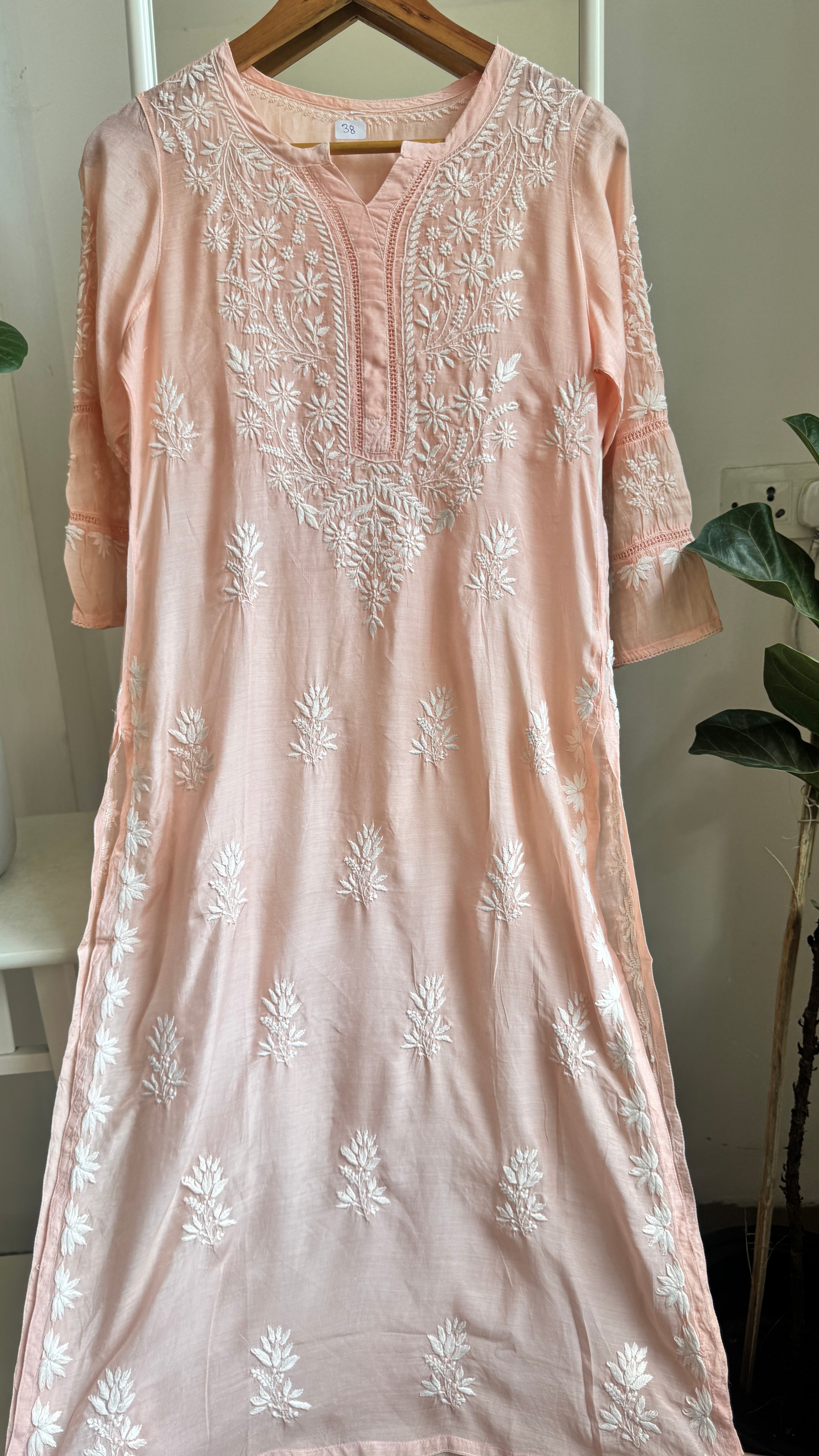 Muslin Chikankari Kurti with White Thread work - Peach - Gulzar Collection