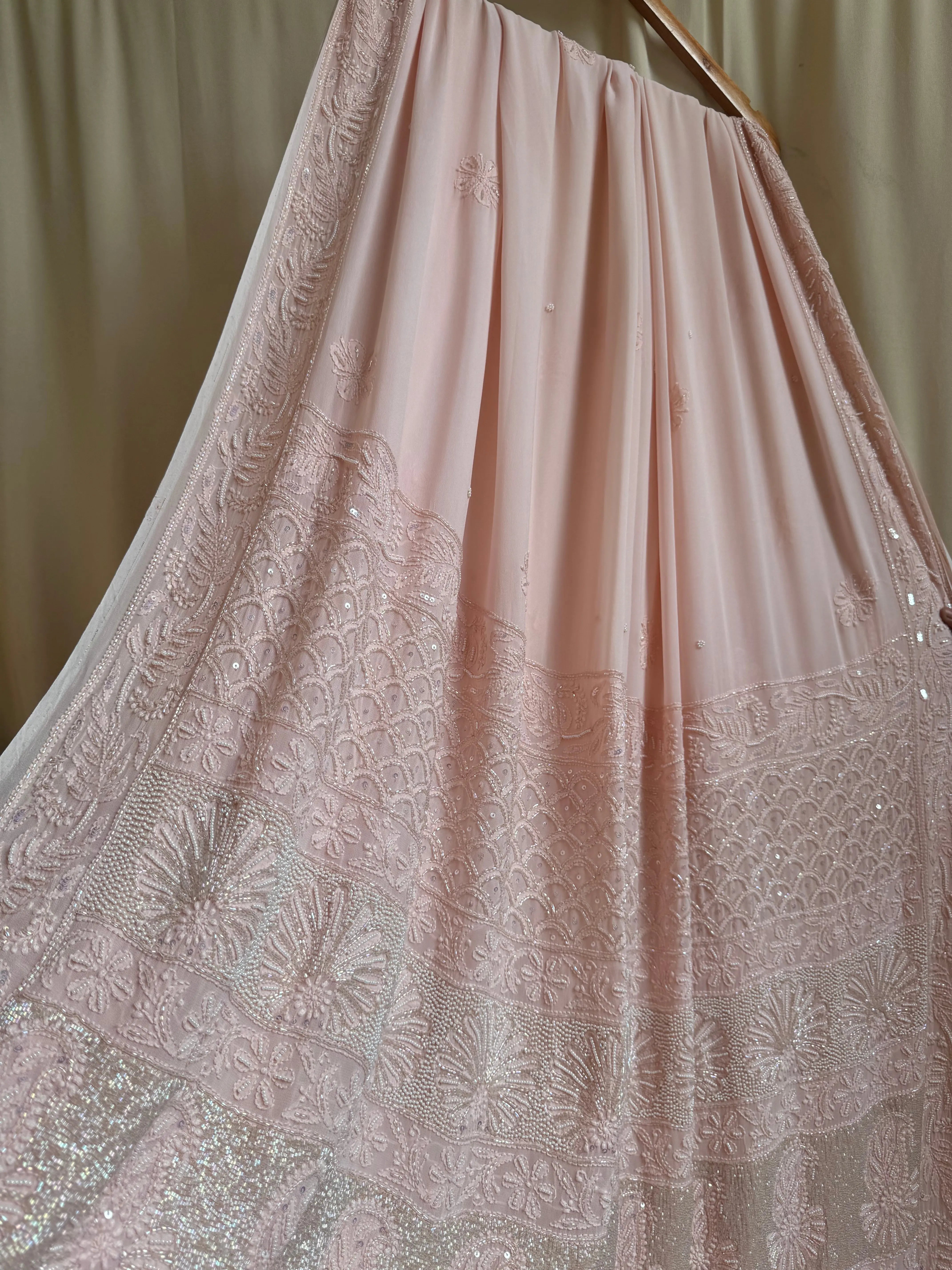 Viscose Pale Pink Chikankari saree with Pearl embellishments ARIAA CHIKANKARI 