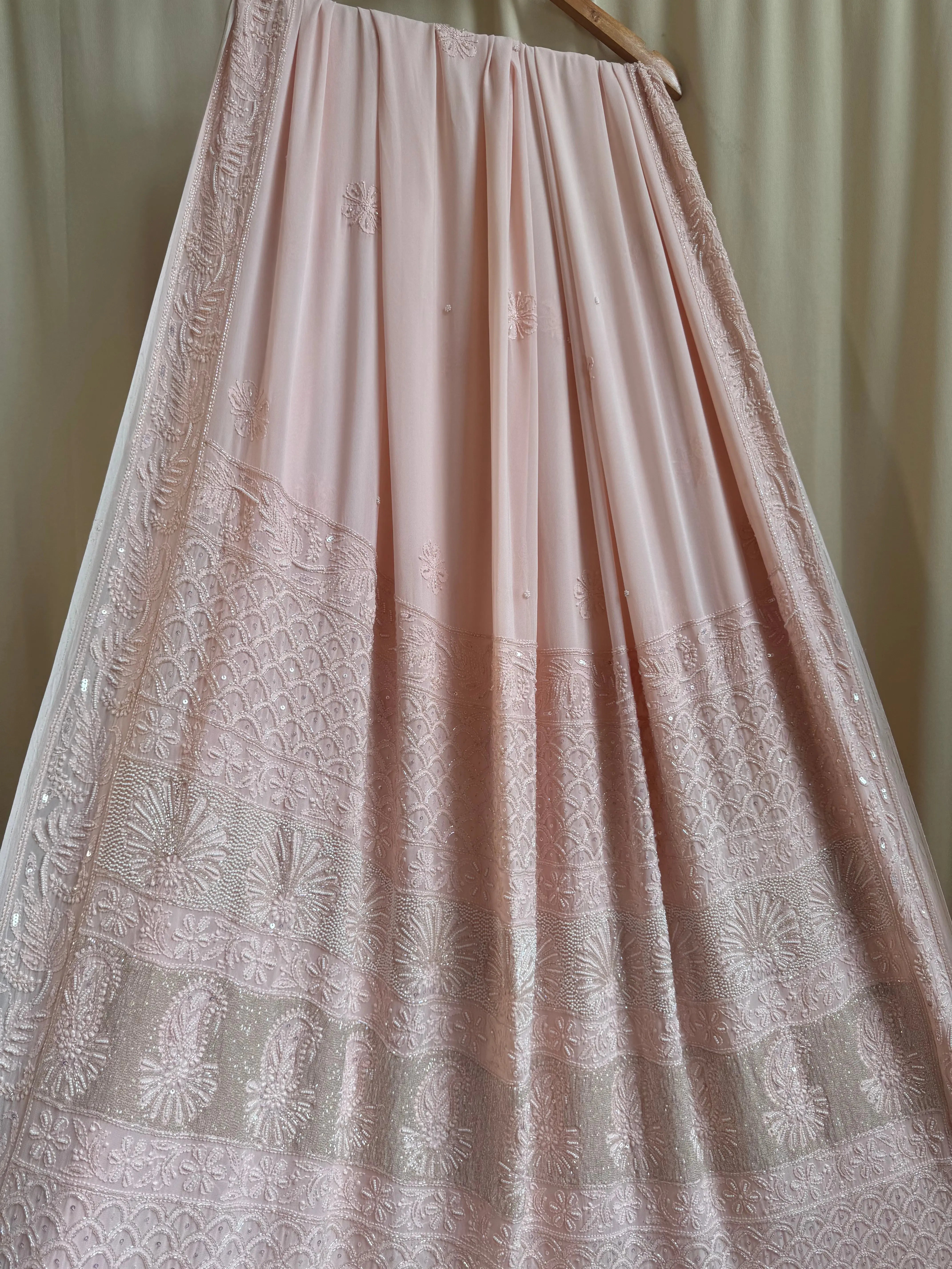 Viscose Pale Pink Chikankari saree with Pearl embellishments ARIAA CHIKANKARI 