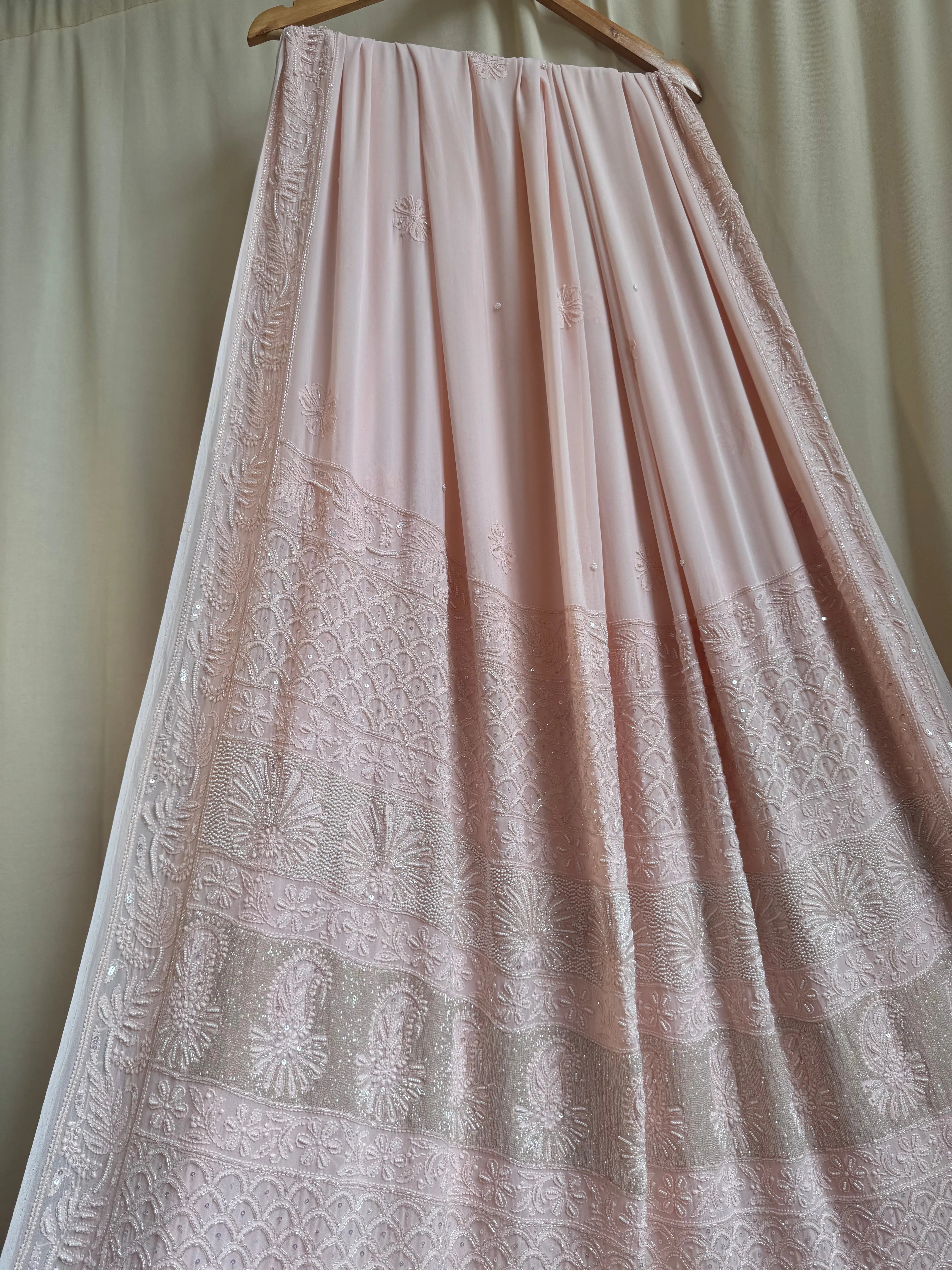 Viscose Pale Pink Chikankari saree with Pearl embellishments ARIAA CHIKANKARI 