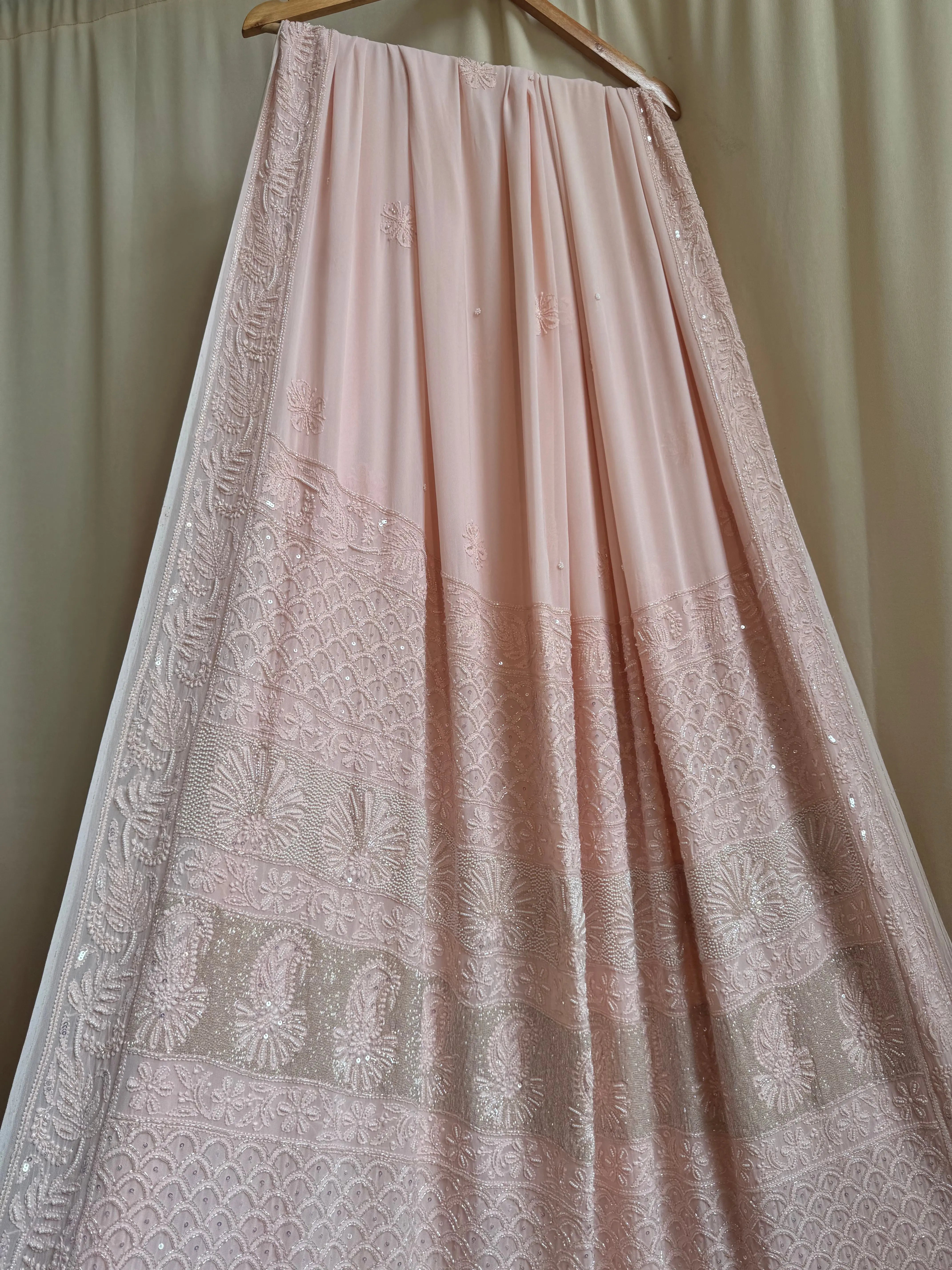 Viscose Pale Pink Chikankari saree with Pearl embellishments ARIAA CHIKANKARI 