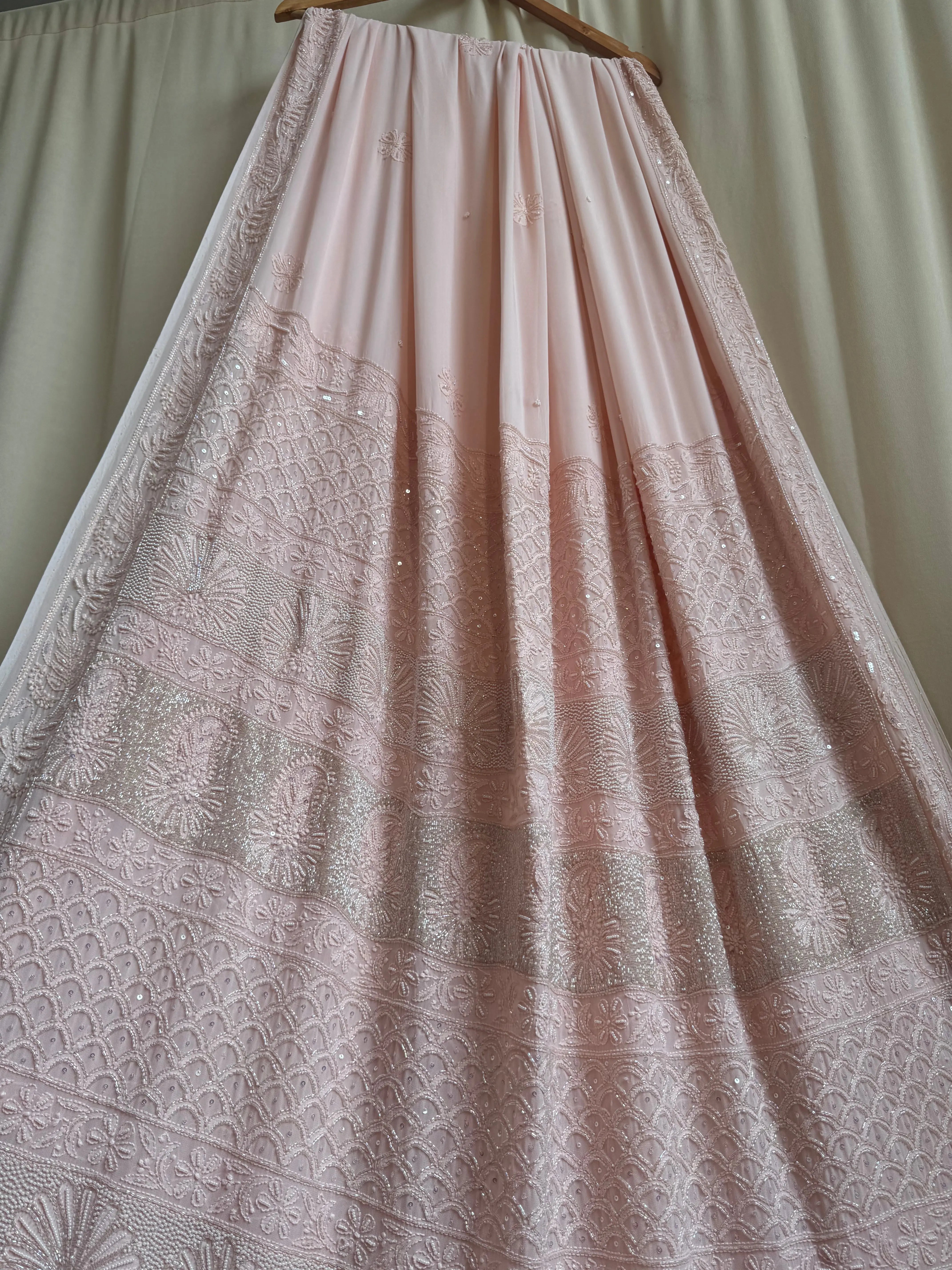 Viscose Pale Pink Chikankari saree with Pearl embellishments ARIAA CHIKANKARI 