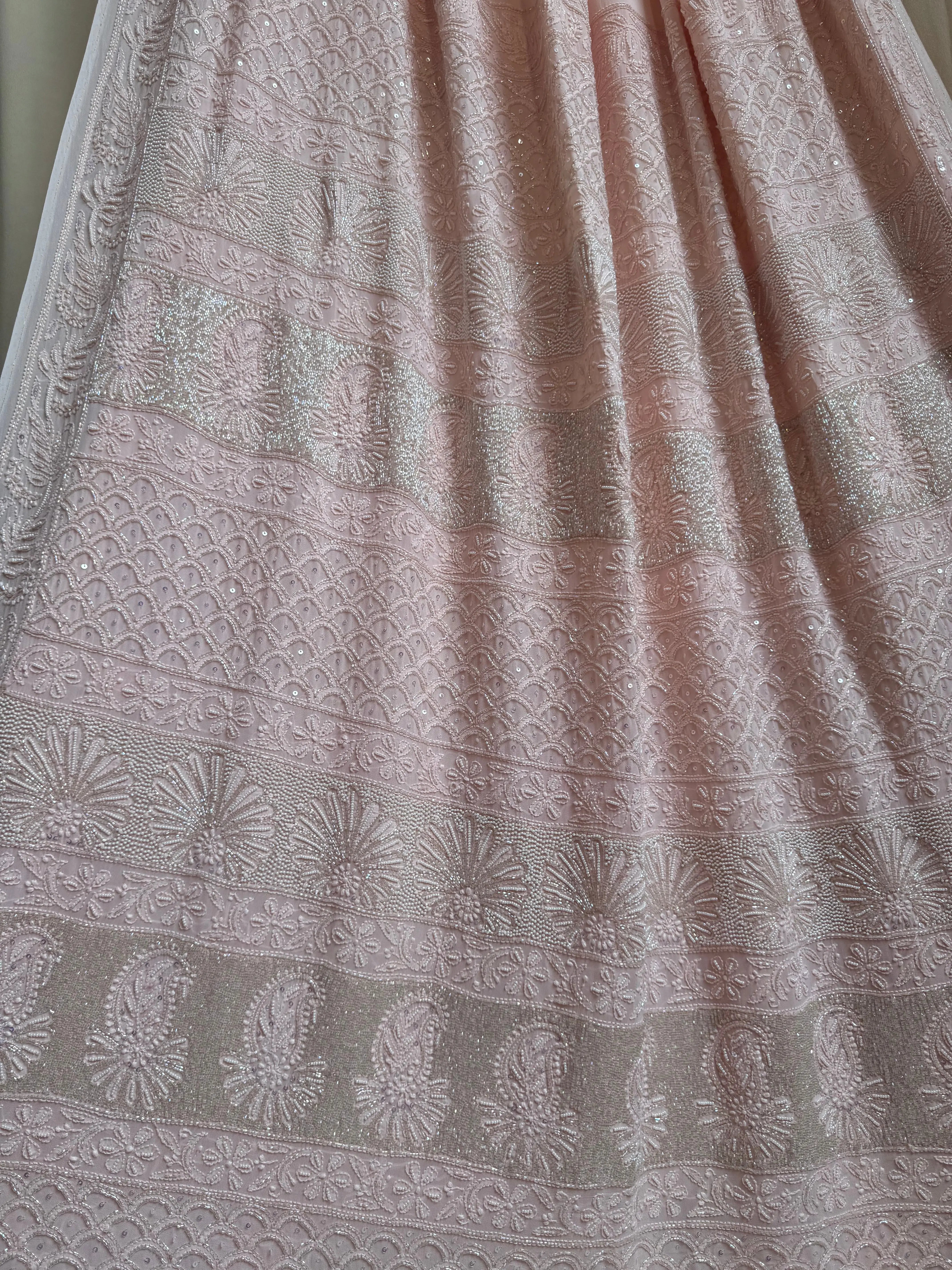 Viscose Pale Pink Chikankari saree with Pearl embellishments ARIAA CHIKANKARI 