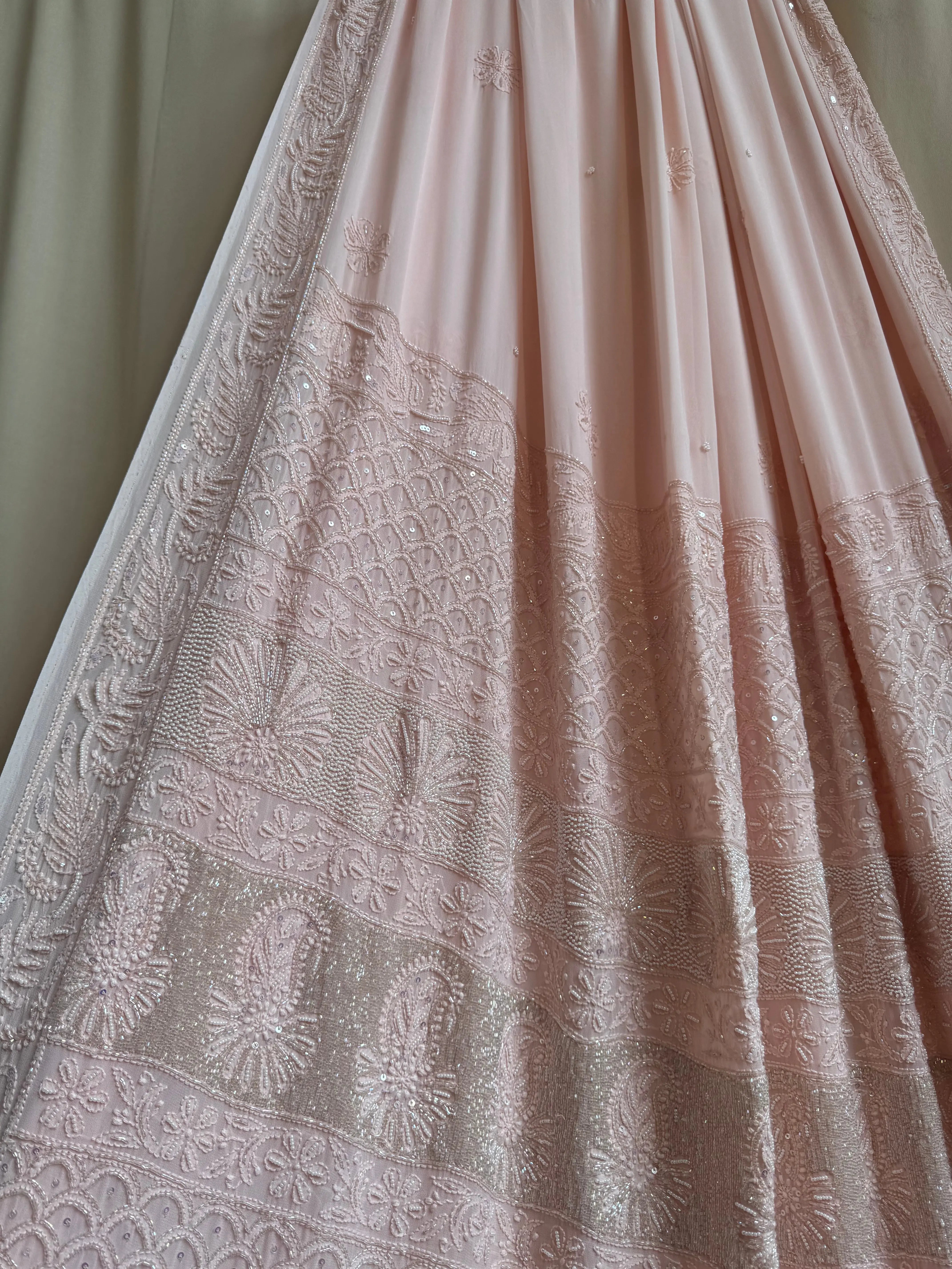 Viscose Pale Pink Chikankari saree with Pearl embellishments ARIAA CHIKANKARI 