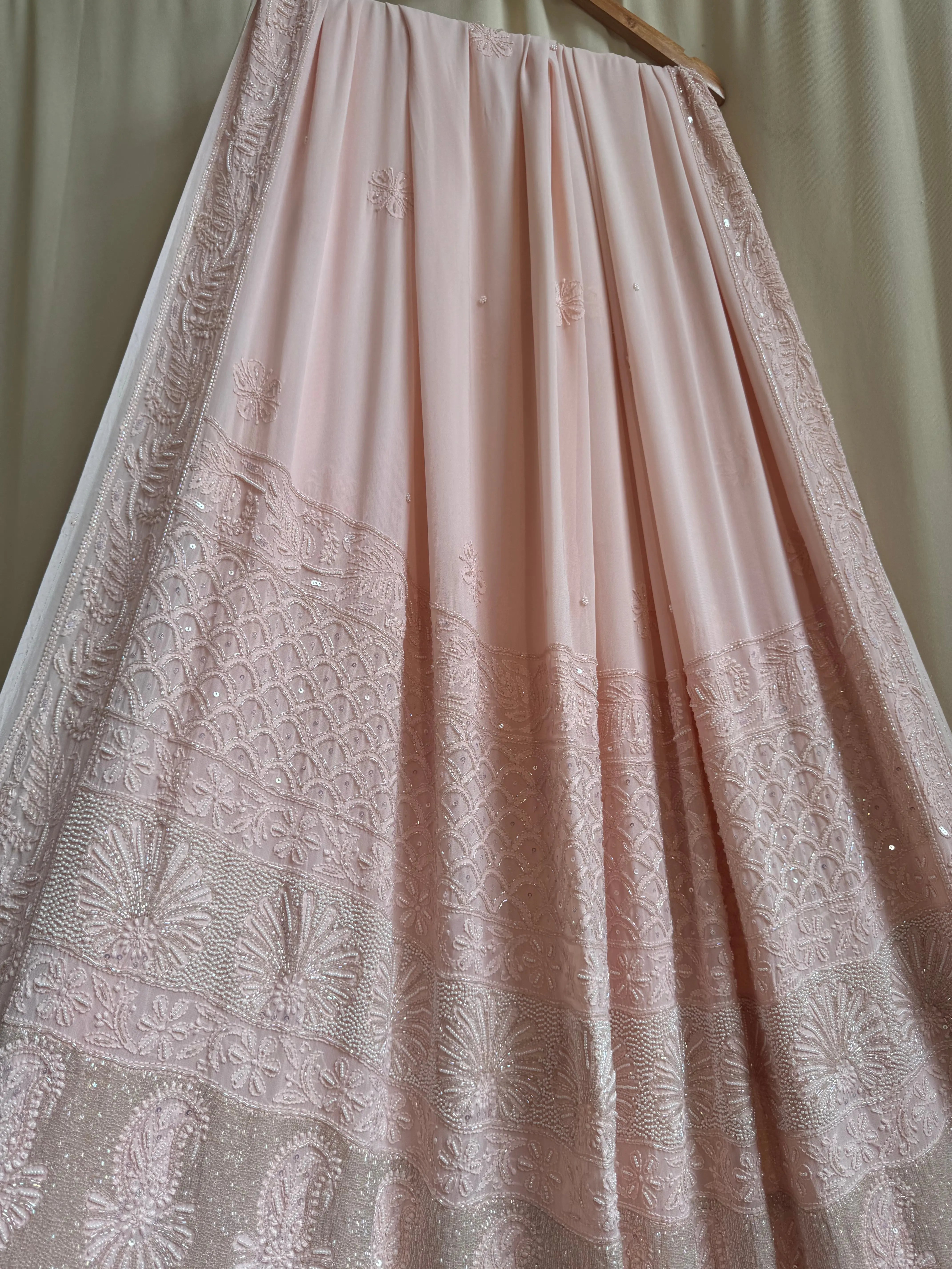 Viscose Pale Pink Chikankari saree with Pearl embellishments ARIAA CHIKANKARI 