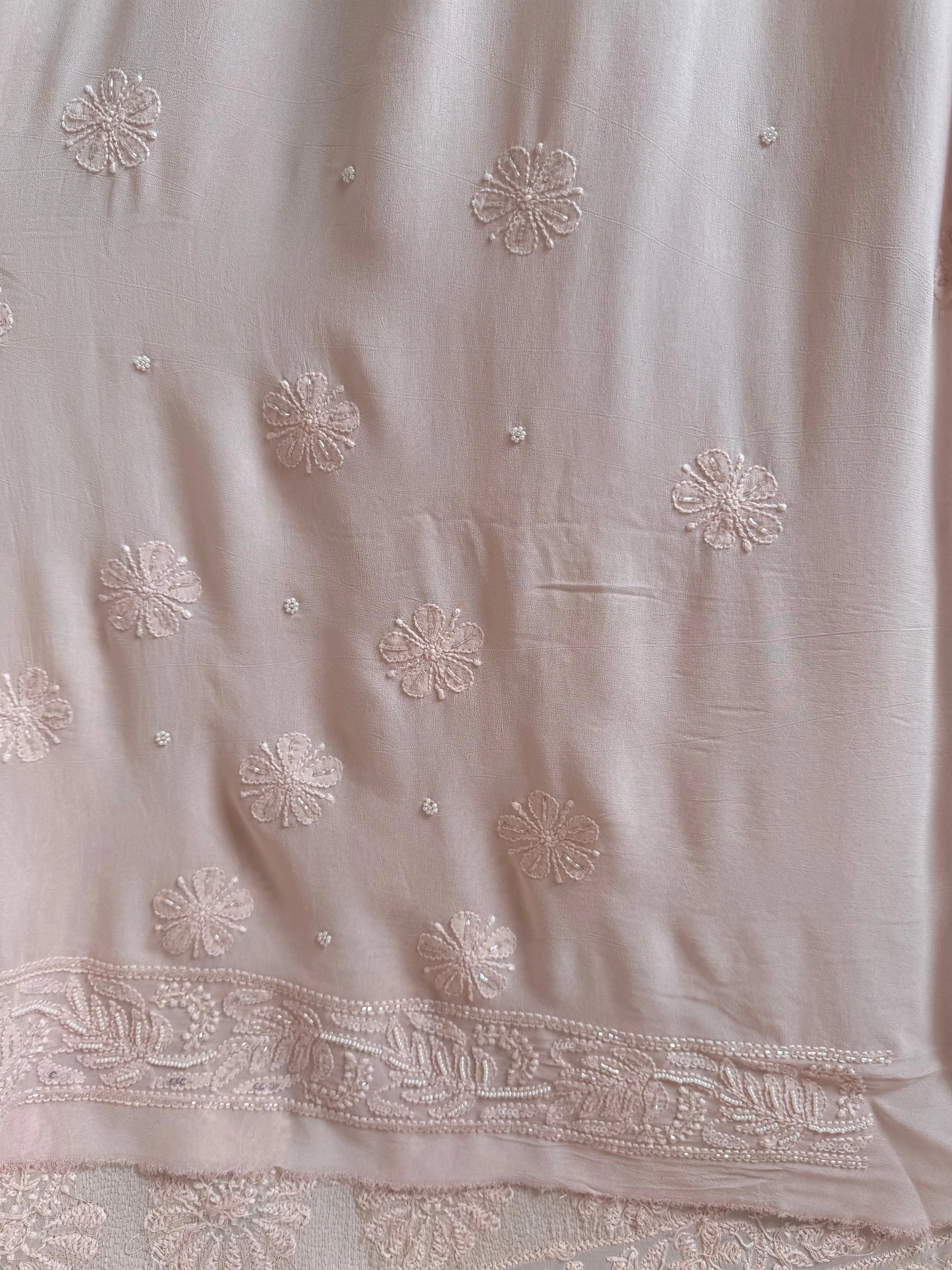 Viscose Pale Pink Chikankari saree with Pearl embellishments ARIAA CHIKANKARI 