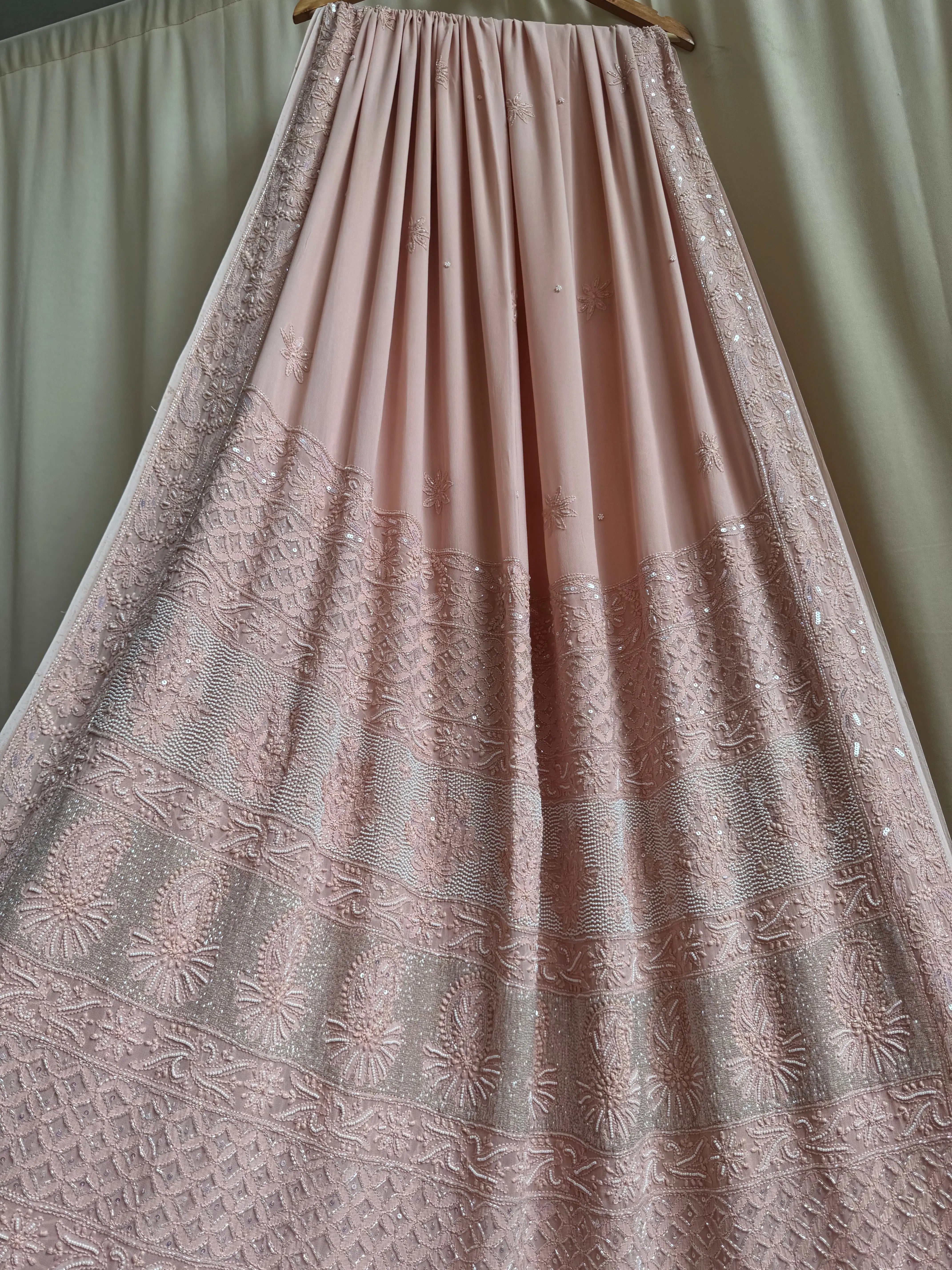 Viscose Almond Brown Chikankari saree with Pearl embellishments ARIAA CHIKANKARI 