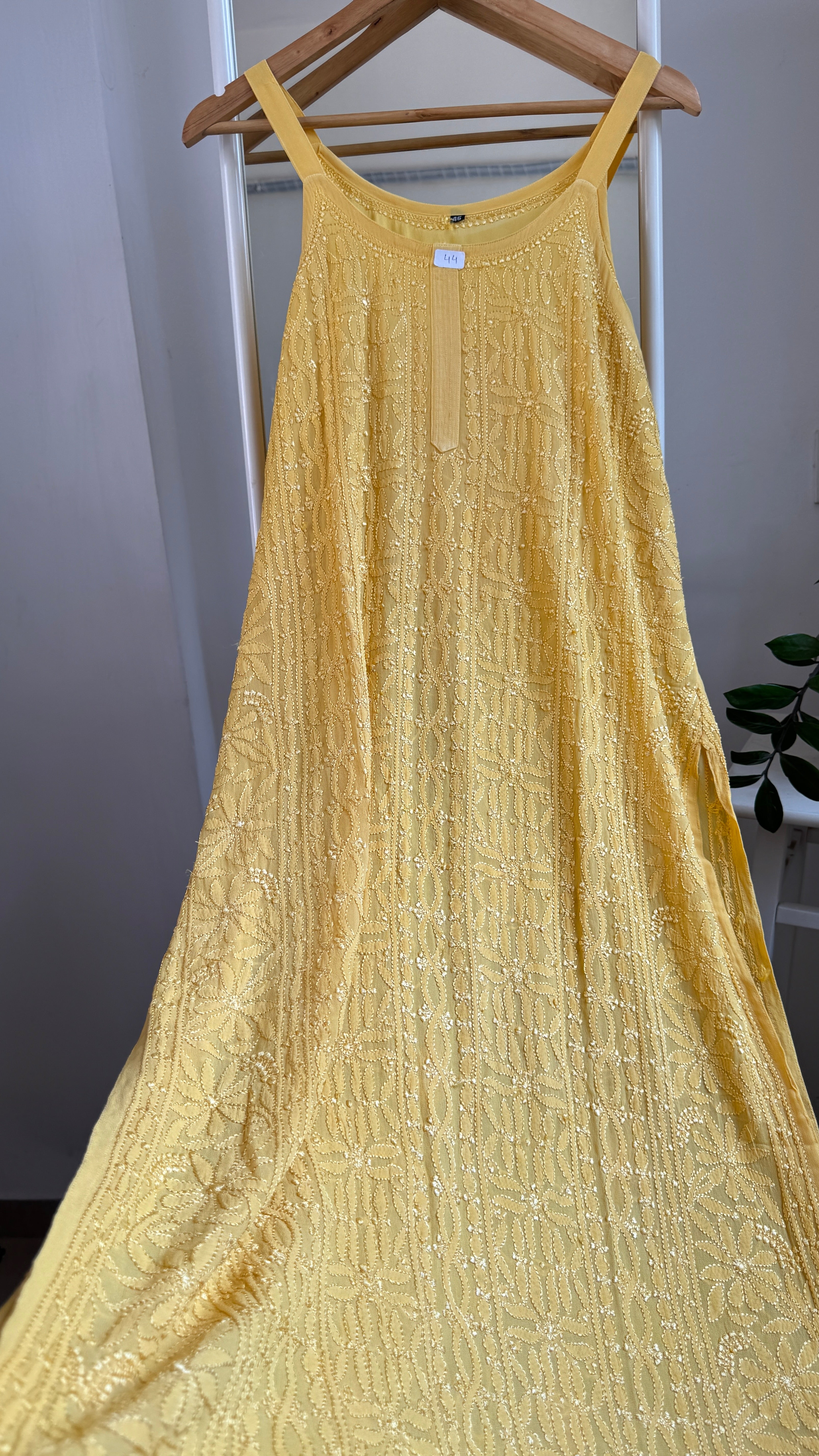 Noodle Strap Chikankari Kurti Long - Yellow -Rose Collection
