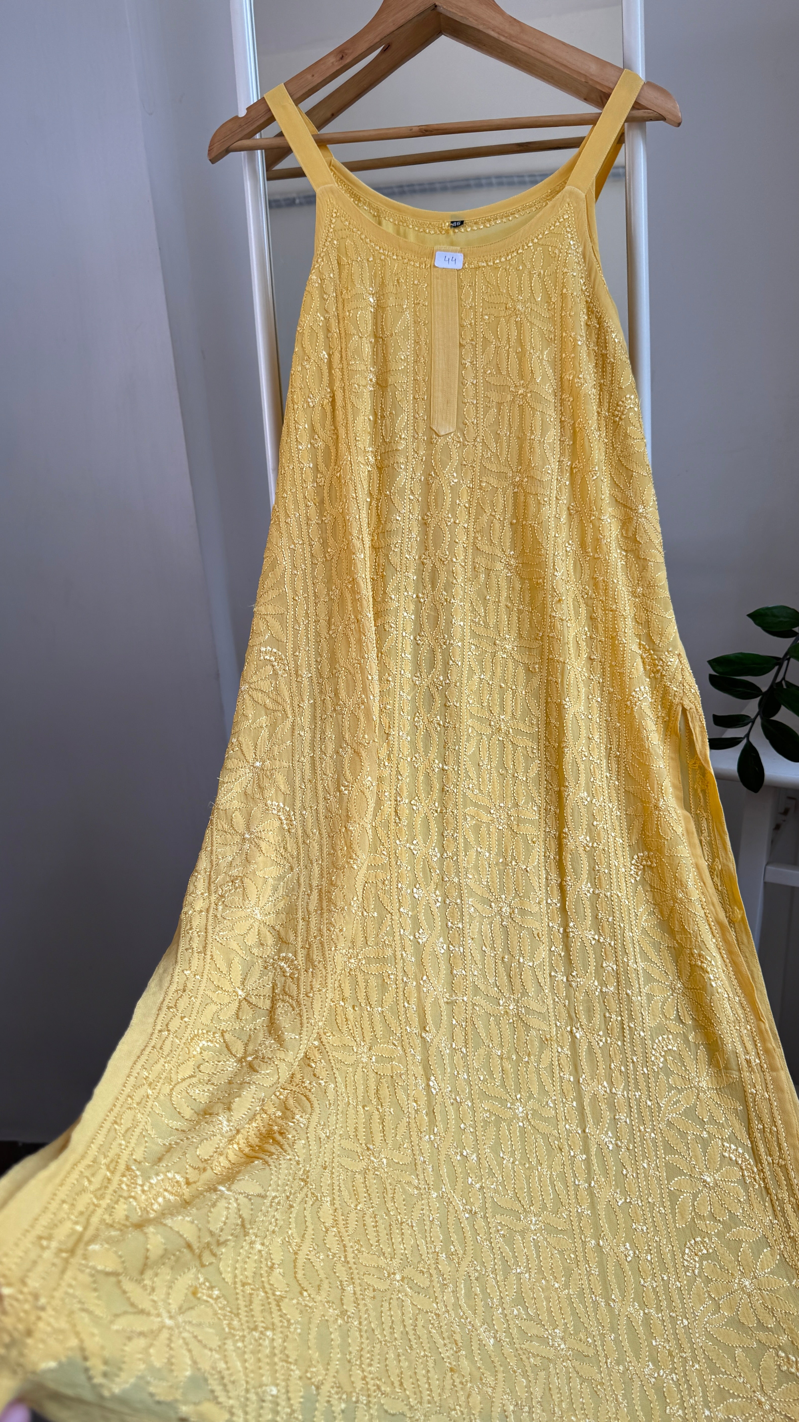 Noodle Strap Chikankari Kurti Long - Yellow -Rose Collection