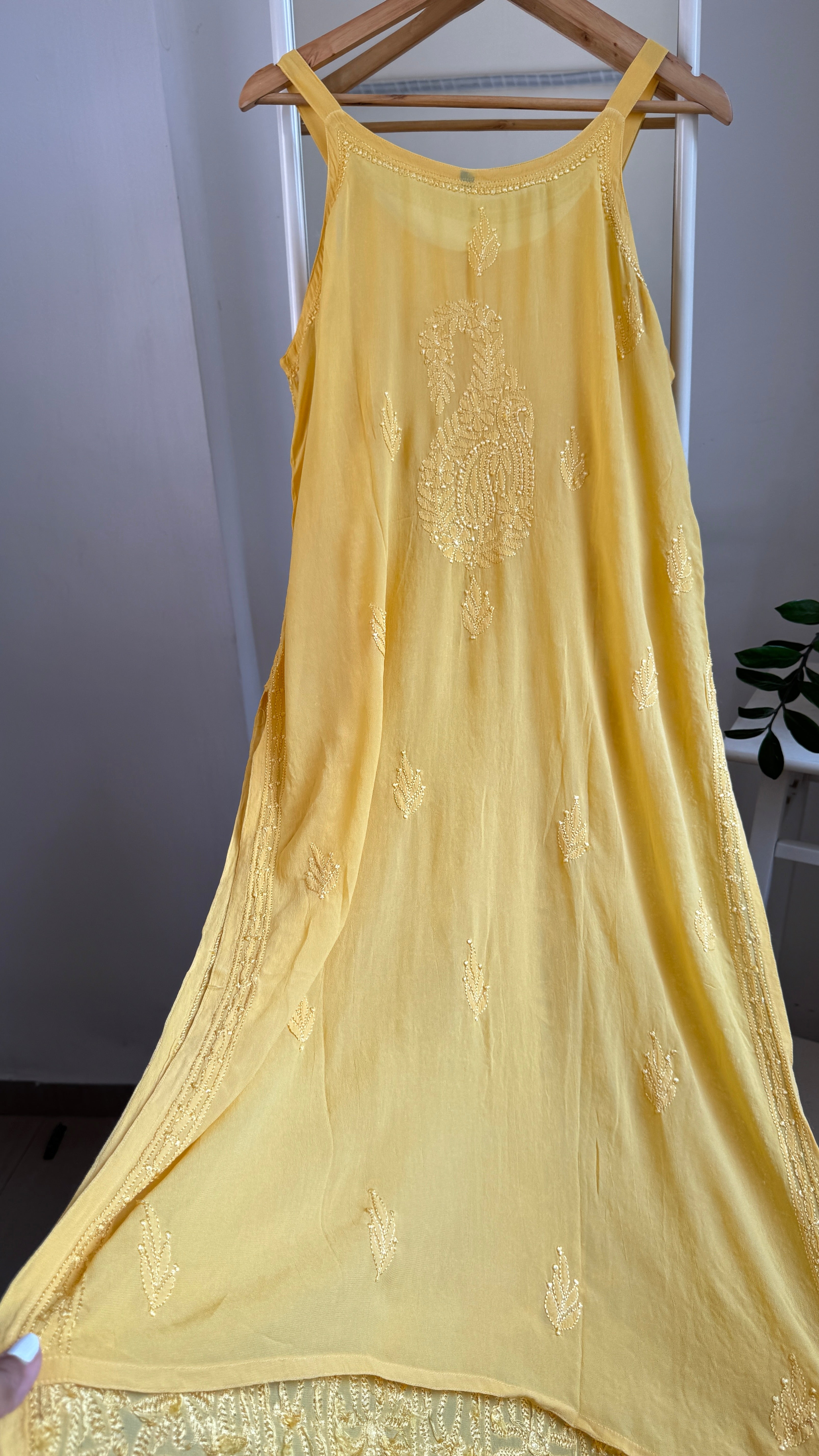 Noodle Strap Chikankari Kurti Long - Yellow -Rose Collection