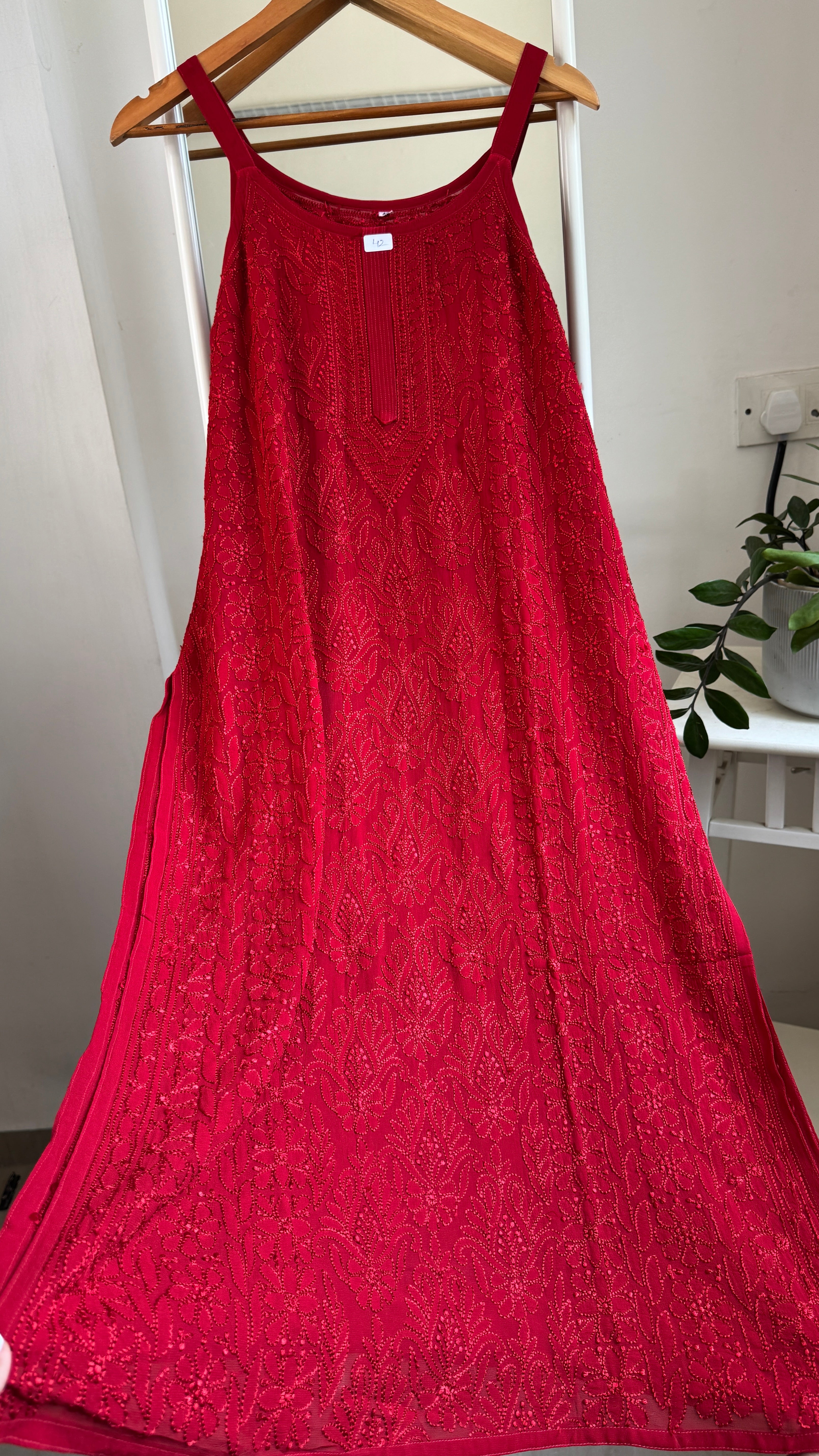 Noodle Strap Chikankari Kurti Long - Red -Rose Collection