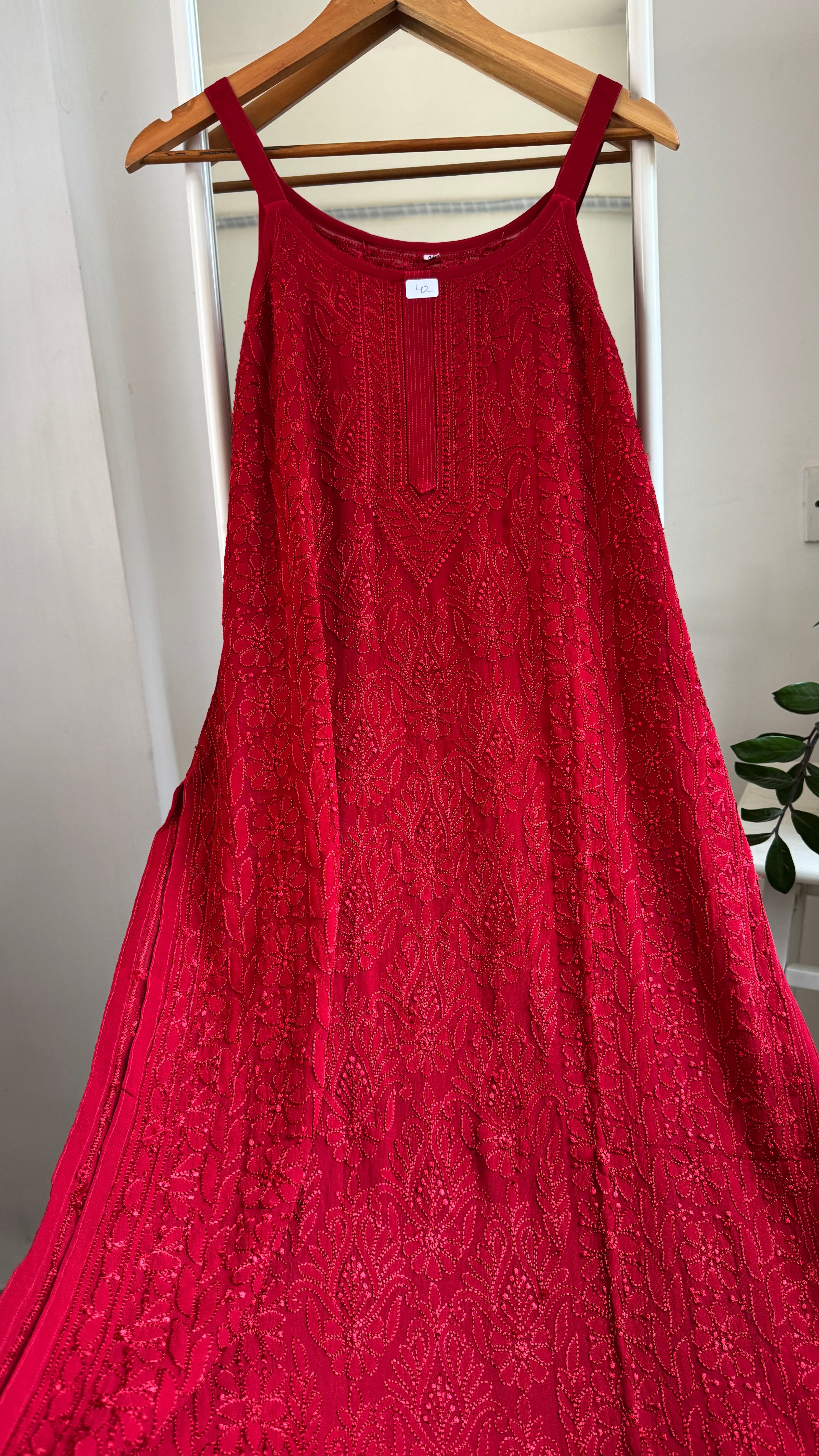 Noodle Strap Chikankari Kurti Long - Red -Rose Collection