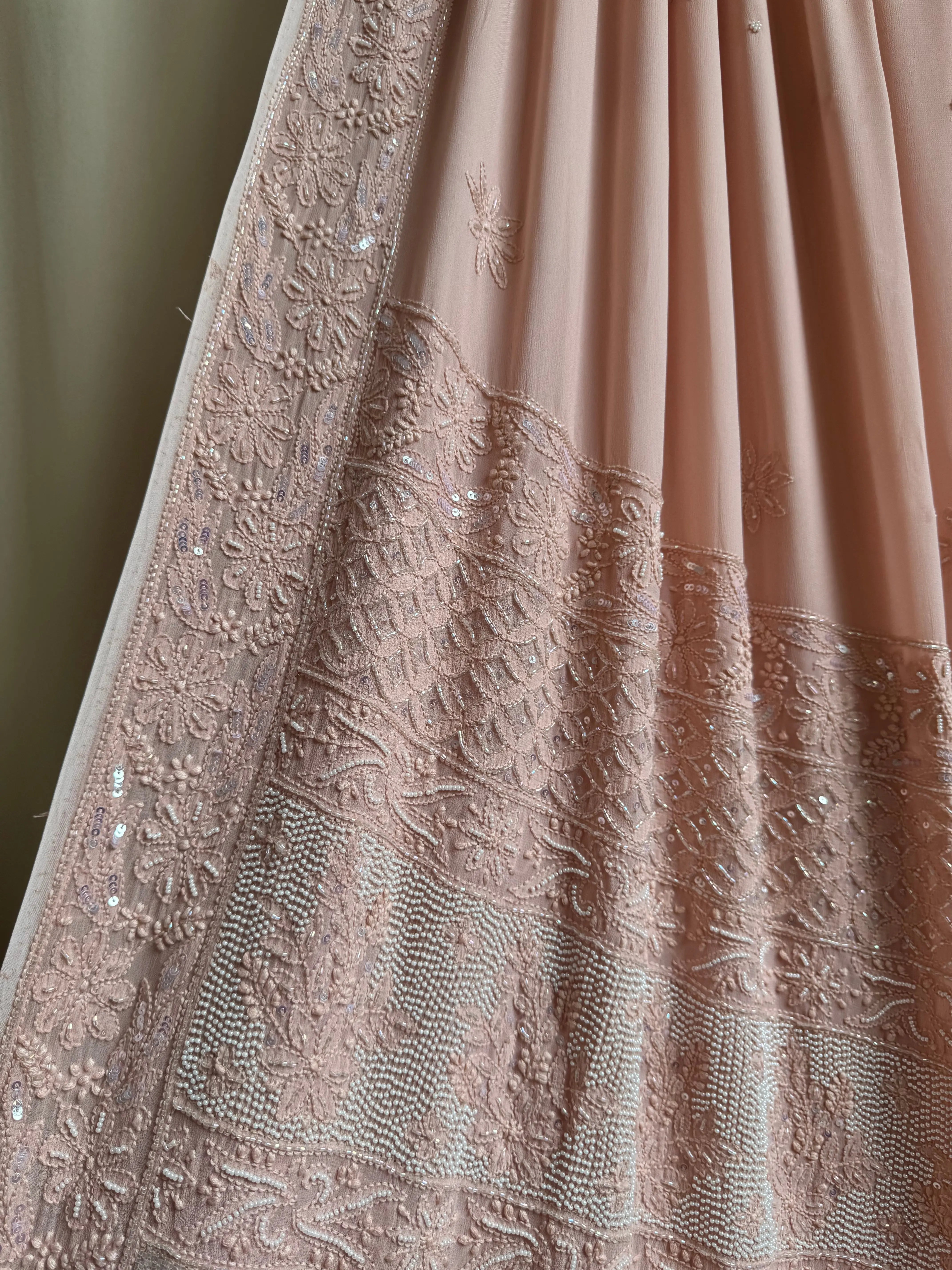 Viscose Almond Brown Chikankari saree with Pearl embellishments ARIAA CHIKANKARI 