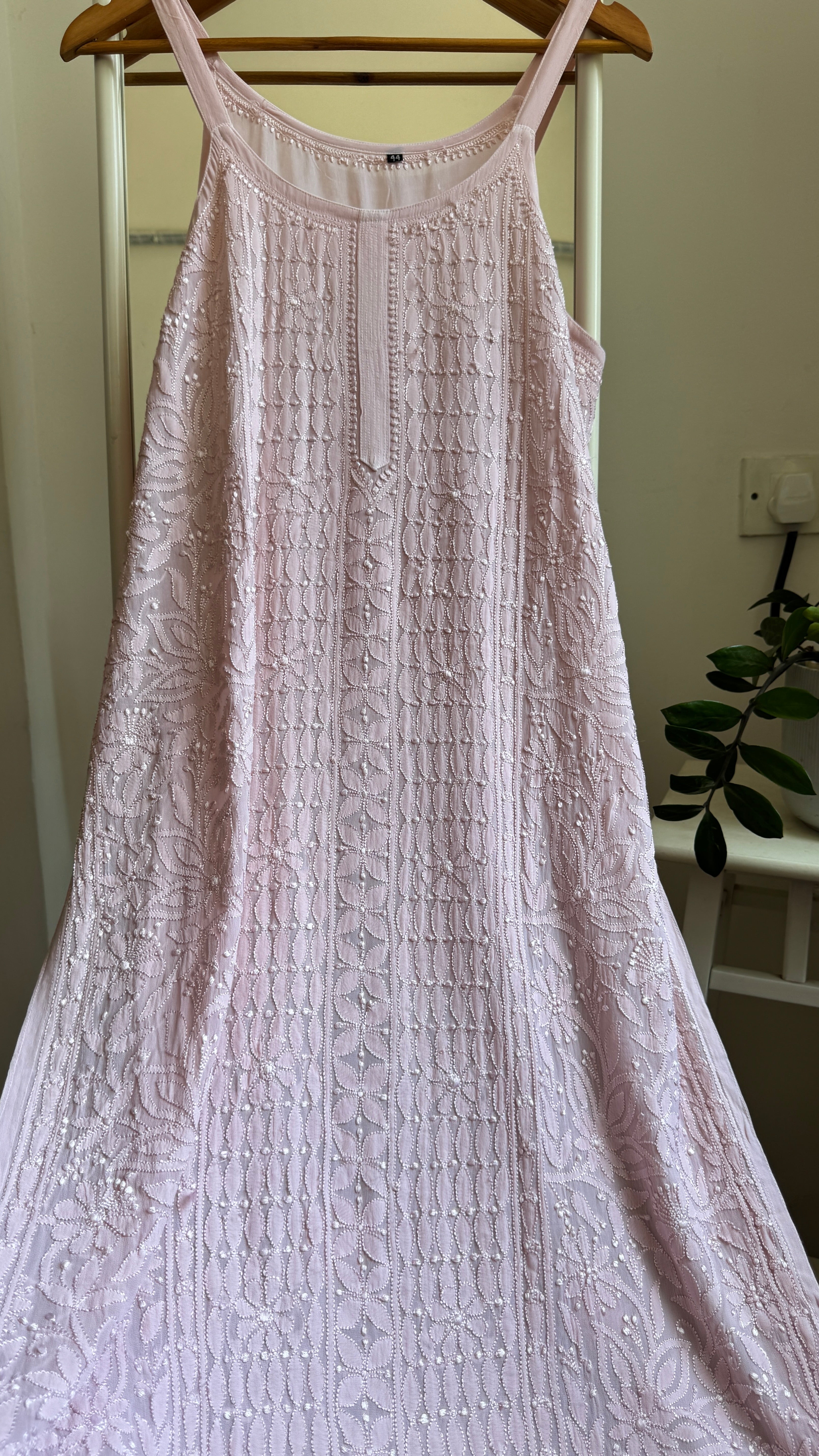 Noodle Strap Chikankari Kurti Long - Pale Pink -Rose Collection
