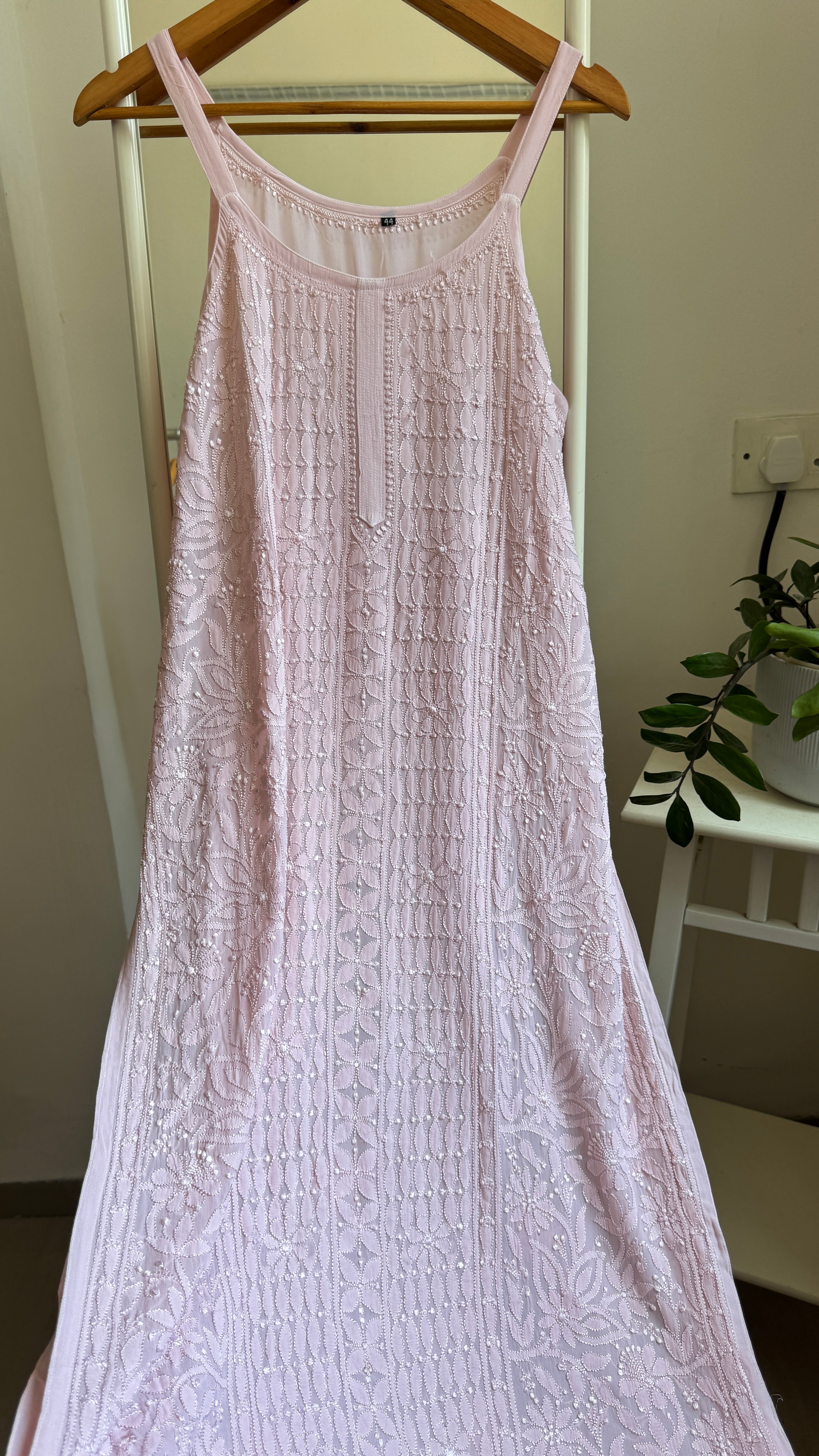 Noodle Strap Chikankari Kurti Long - Pale Pink -Rose Collection