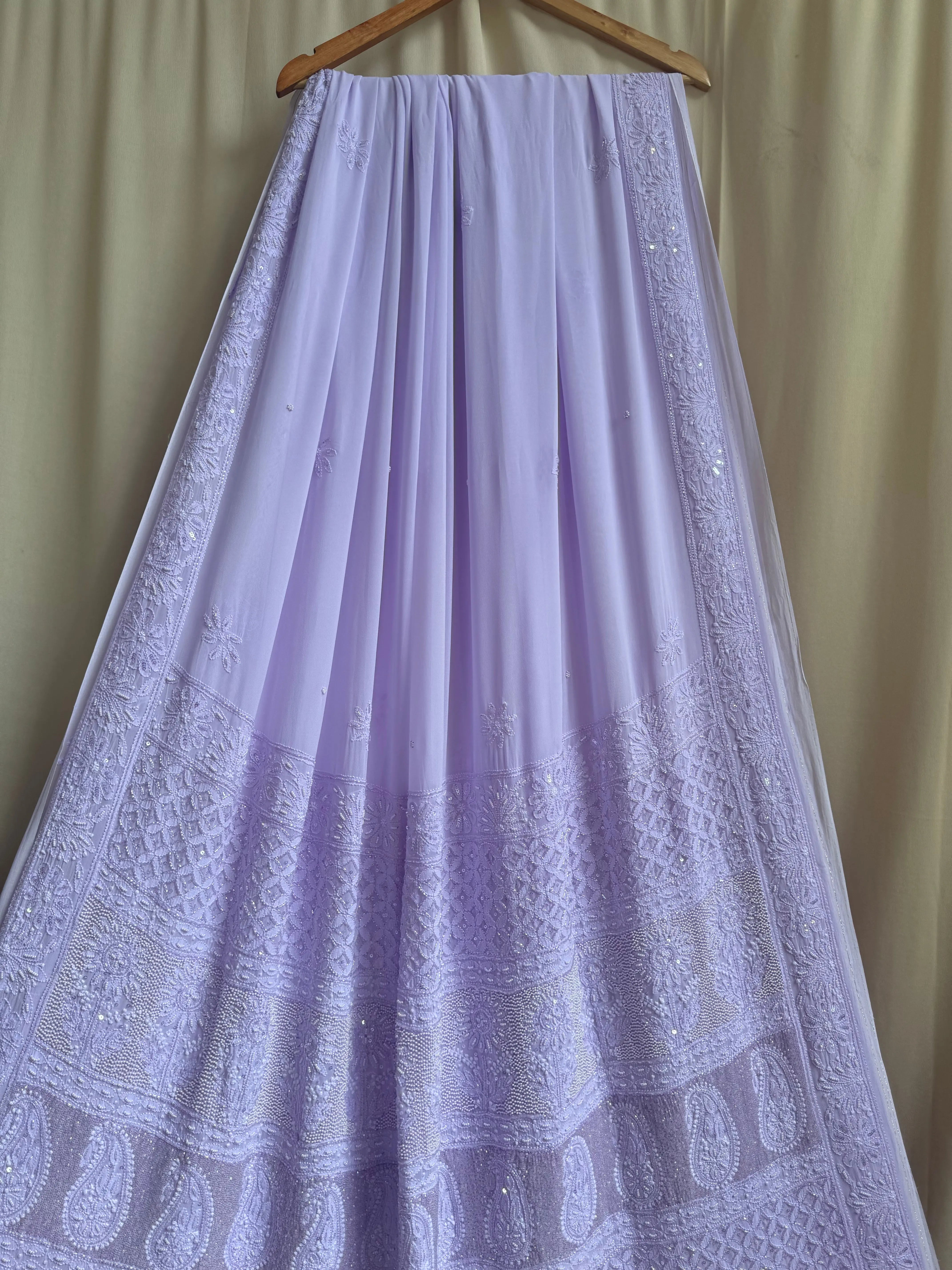 Viscose Lilac Chikankari saree with Pearl embellishments ARIAA CHIKANKARI 