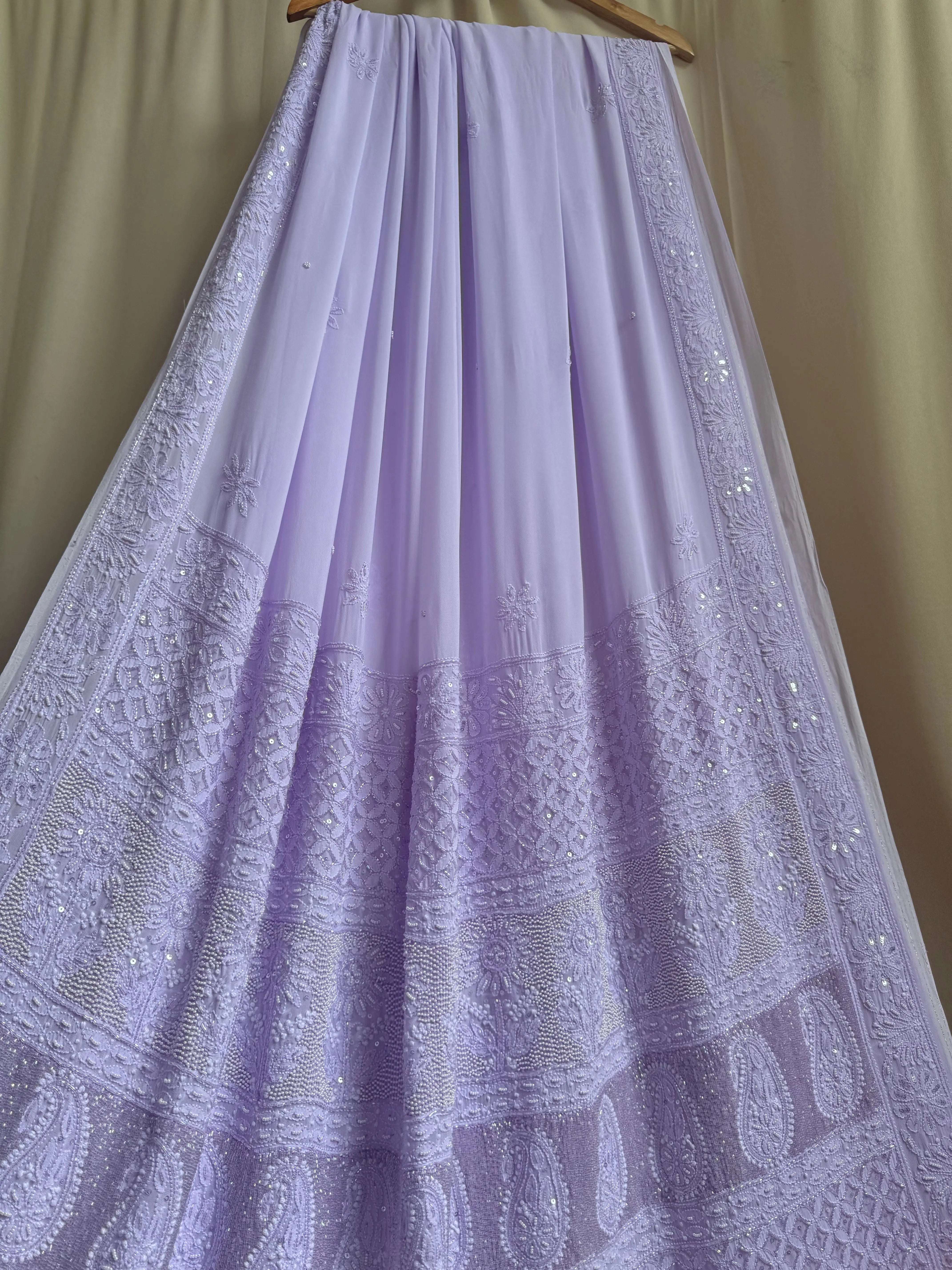 Viscose Lilac Chikankari saree with Pearl embellishments ARIAA CHIKANKARI 