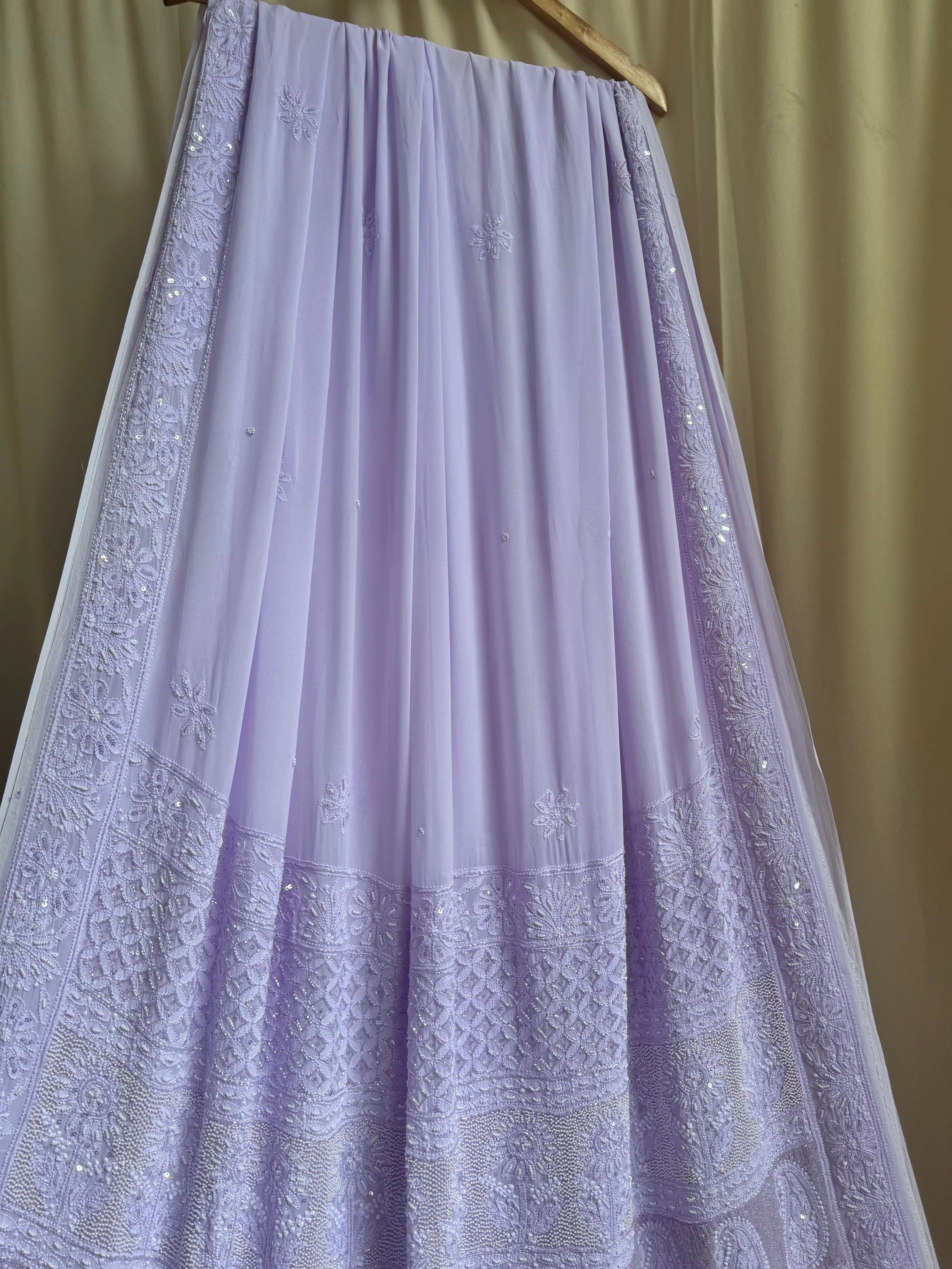 Viscose Lilac Chikankari saree with Pearl embellishments ARIAA CHIKANKARI 