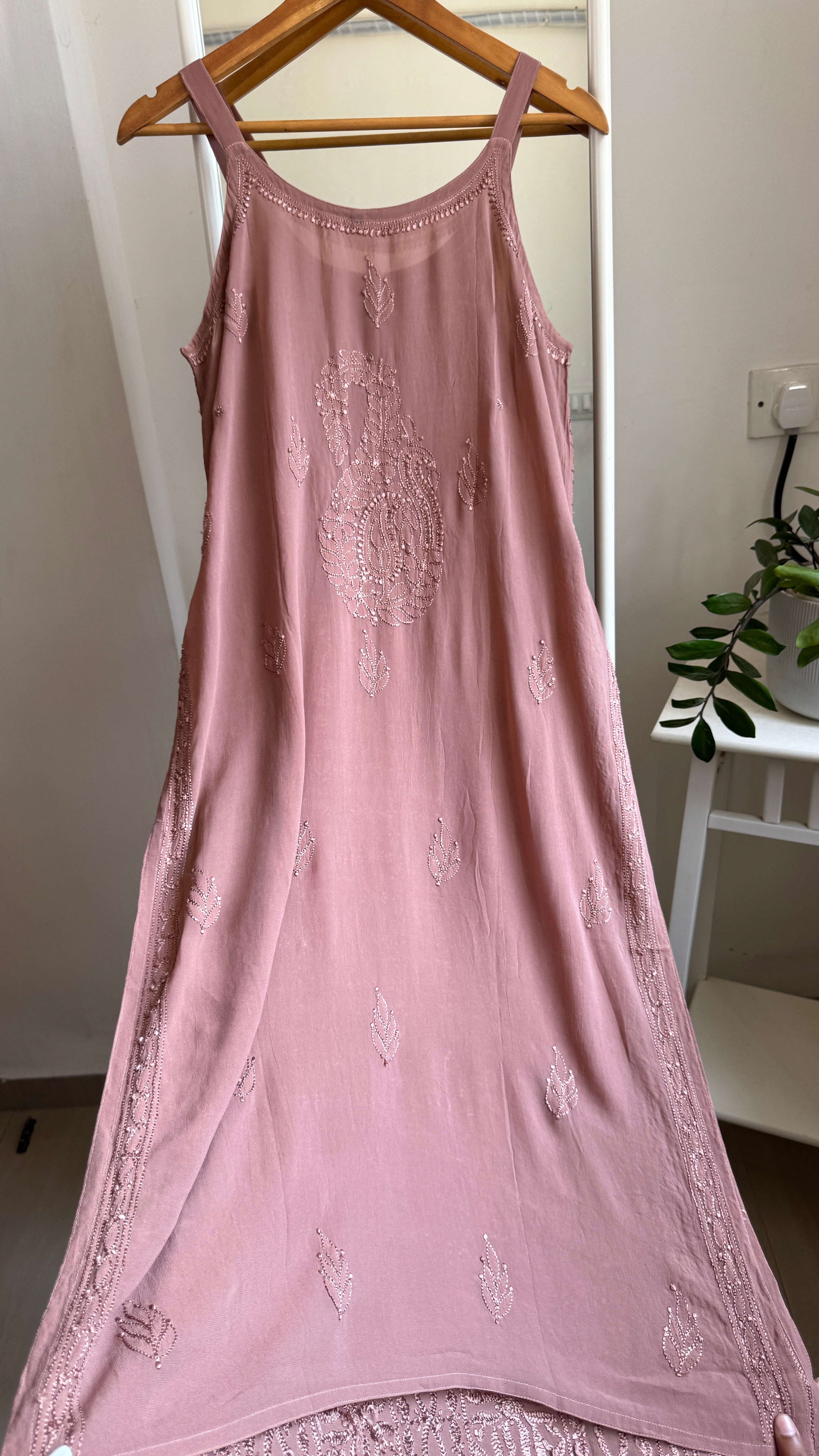 Noodle Strap Chikankari Kurti Long - Mocha Brown -Rose Collection