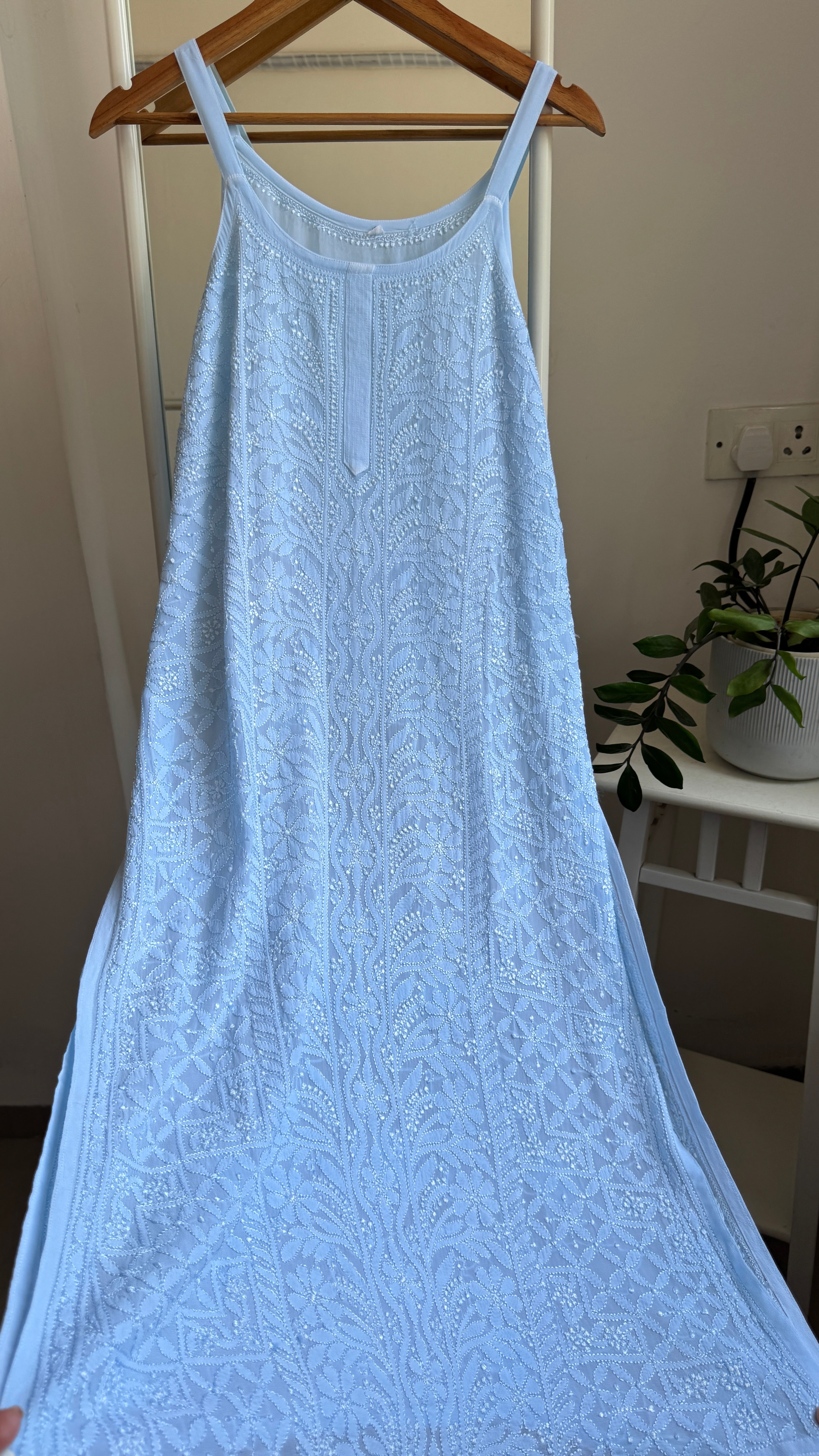 Noodle Strap Chikankari Kurti Long - Baby Blue -Rose Collection