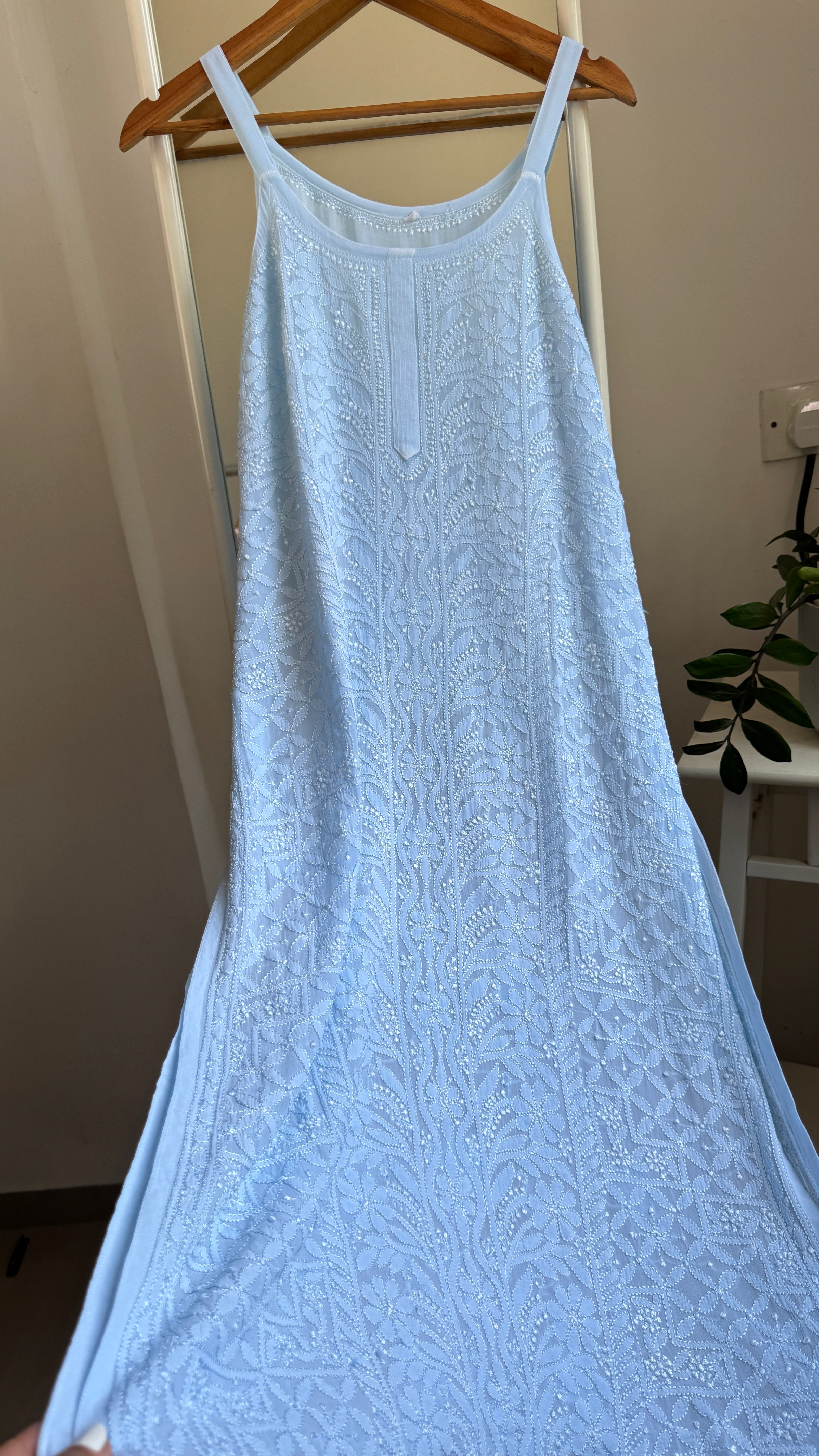 Noodle Strap Chikankari Kurti Long - Baby Blue -Rose Collection