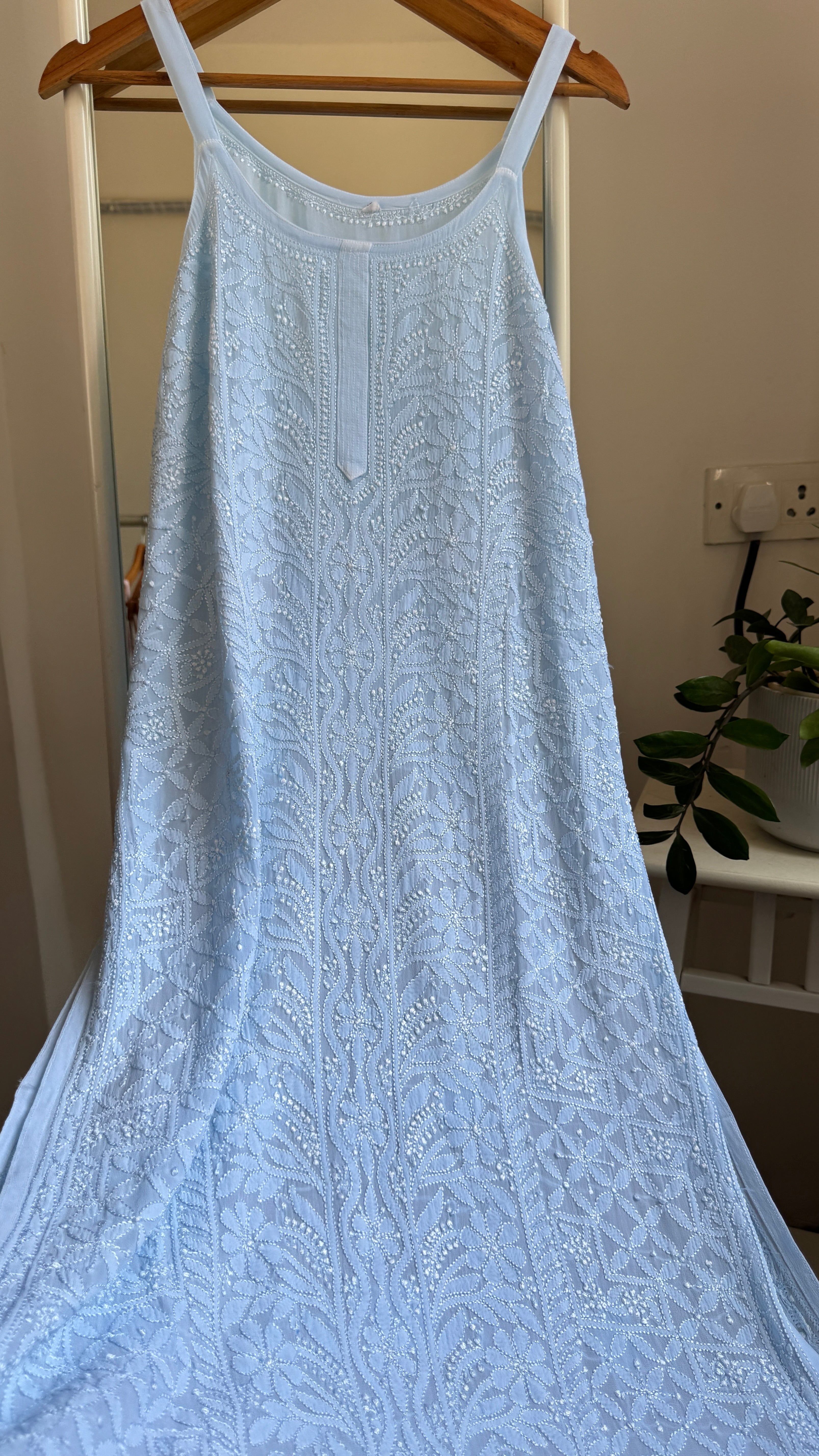 Noodle Strap Chikankari Kurti Long - Baby Blue -Rose Collection