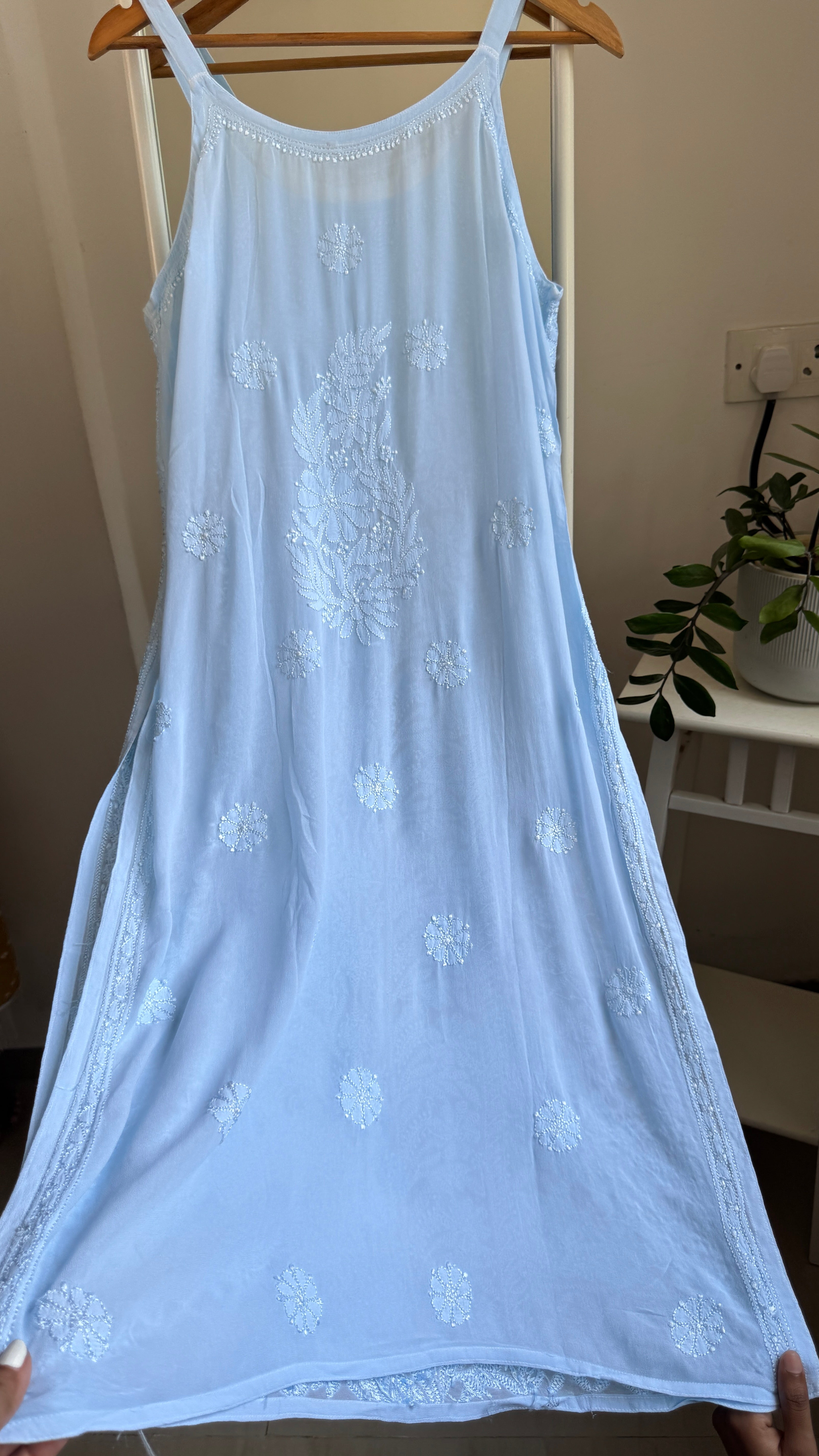 Noodle Strap Chikankari Kurti Long - Baby Blue -Rose Collection