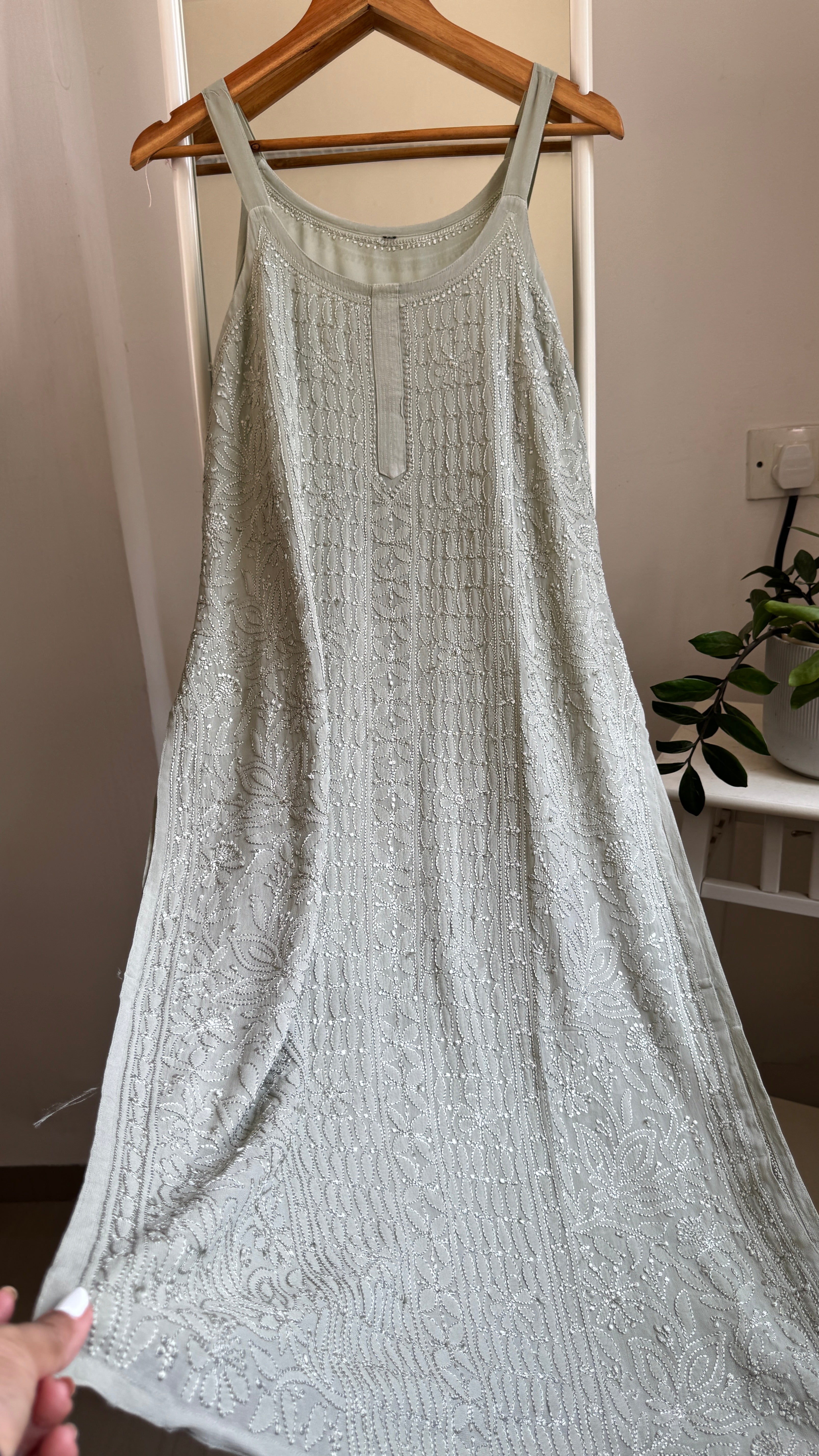 Noodle Strap Chikankari Kurti Long - Green -Rose Collection