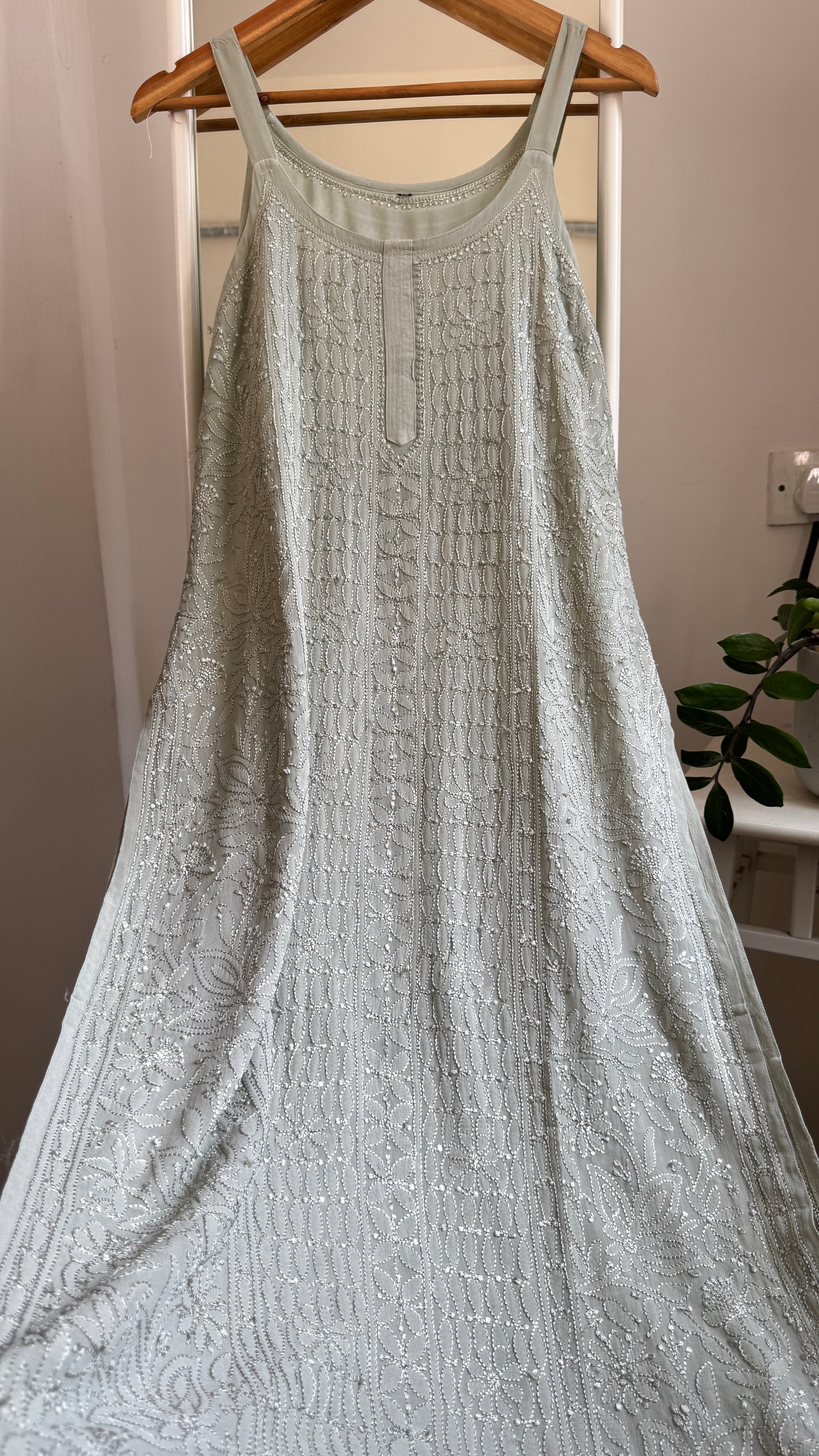 Noodle Strap Chikankari Kurti Long - Green -Rose Collection