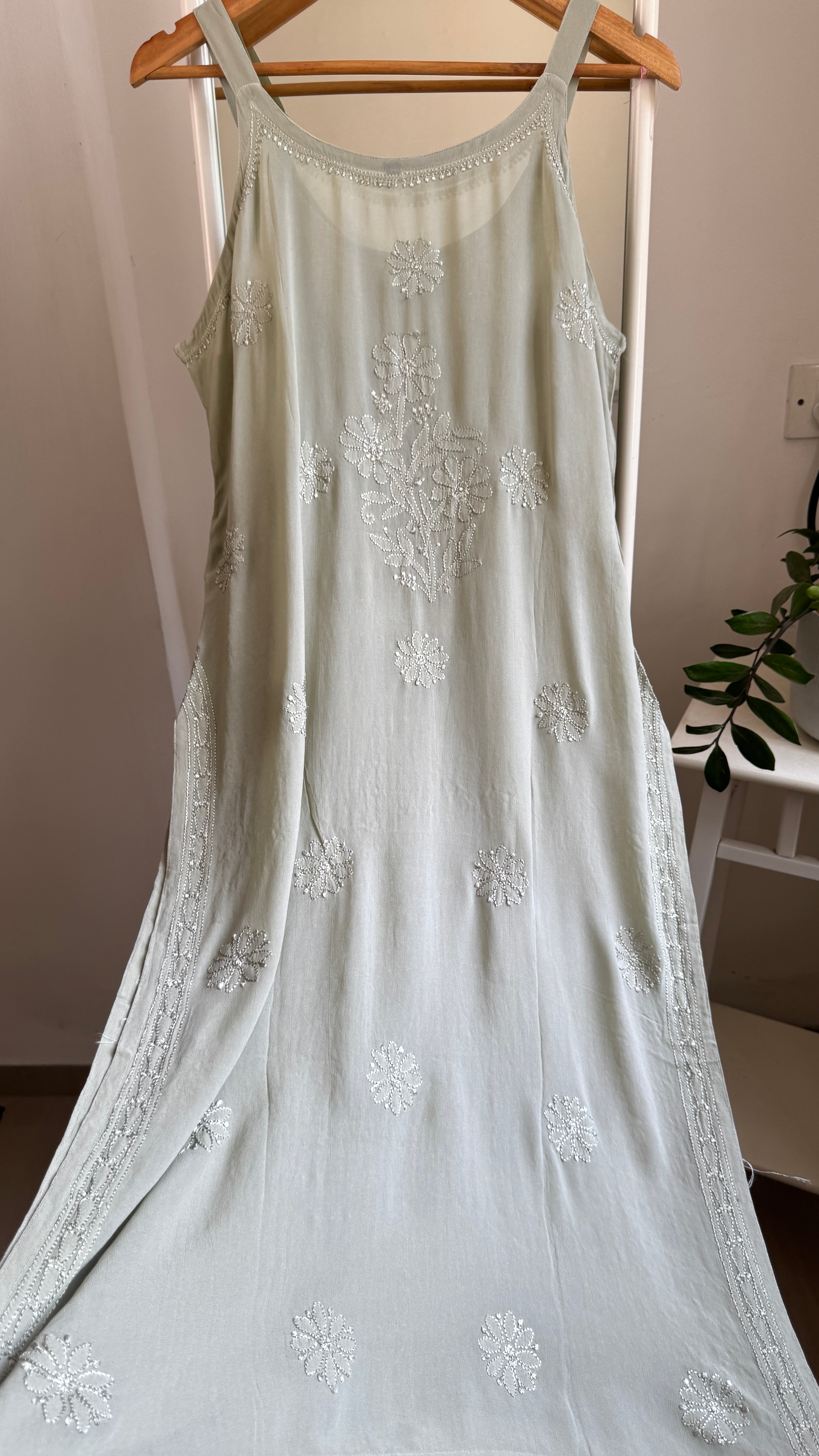 Noodle Strap Chikankari Kurti Long - Green -Rose Collection