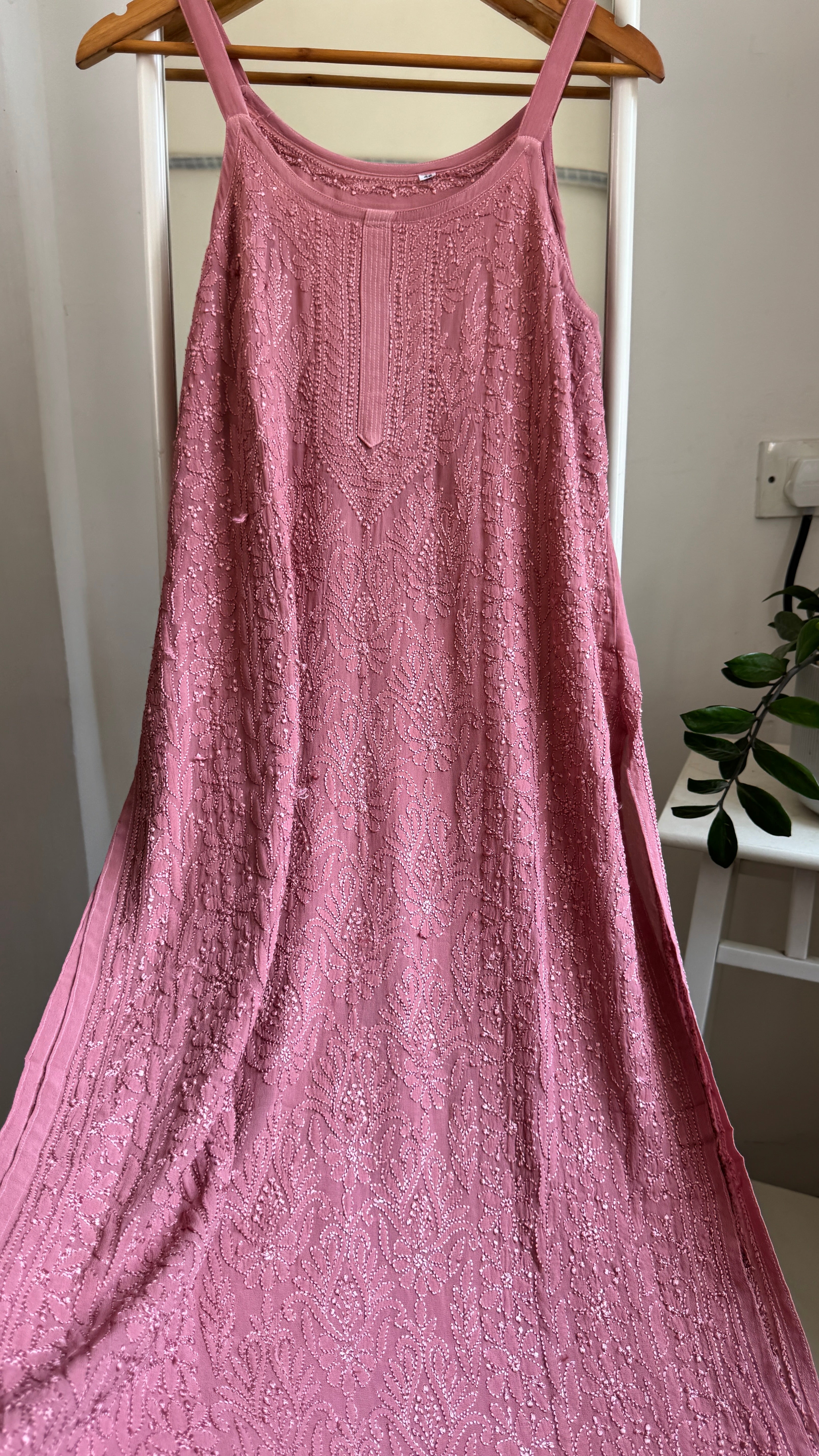 Noodle Strap Chikankari Kurti Long - Rosewood -Rose Collection