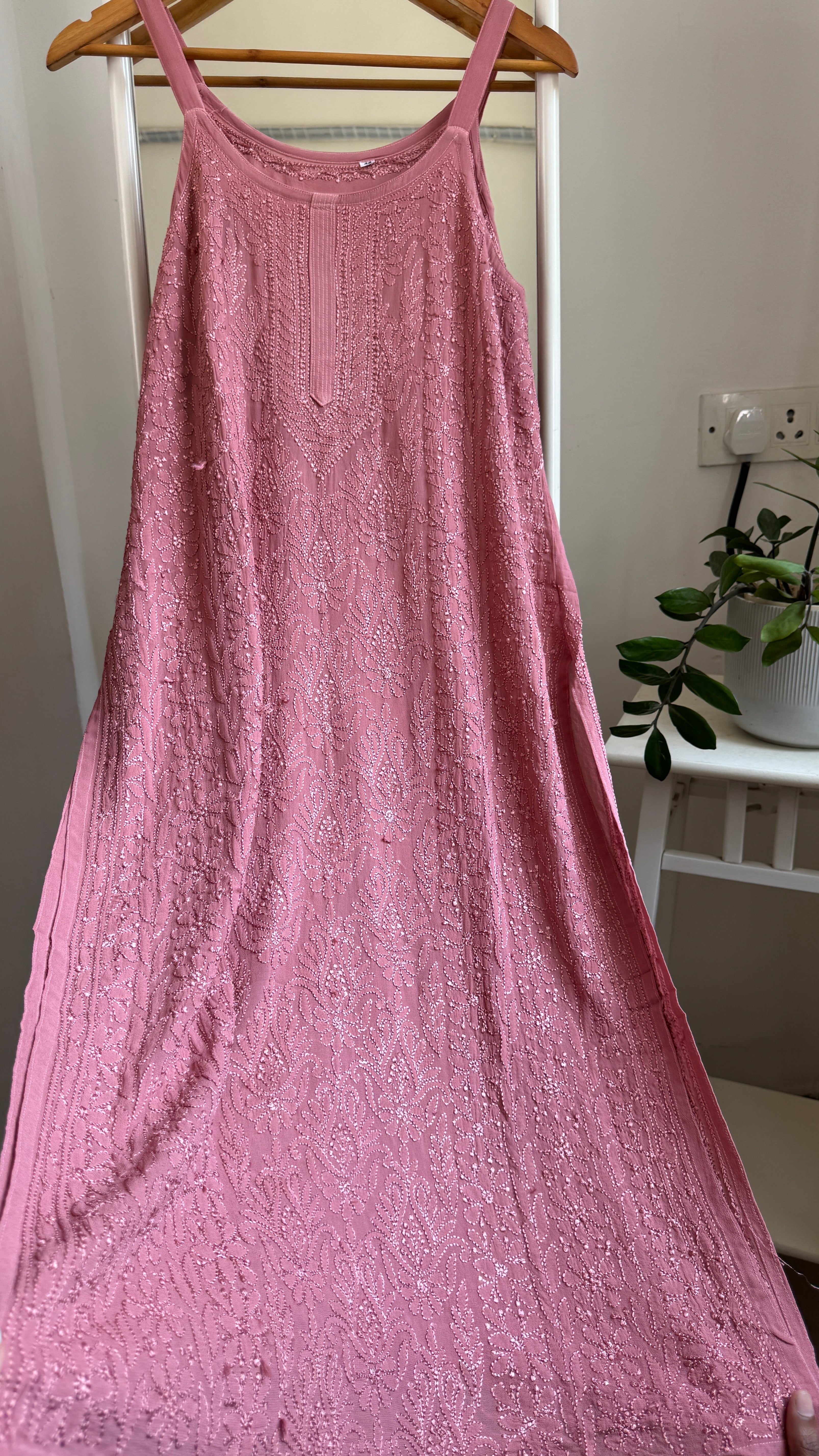 Noodle Strap Chikankari Kurti Long - Rosewood -Rose Collection