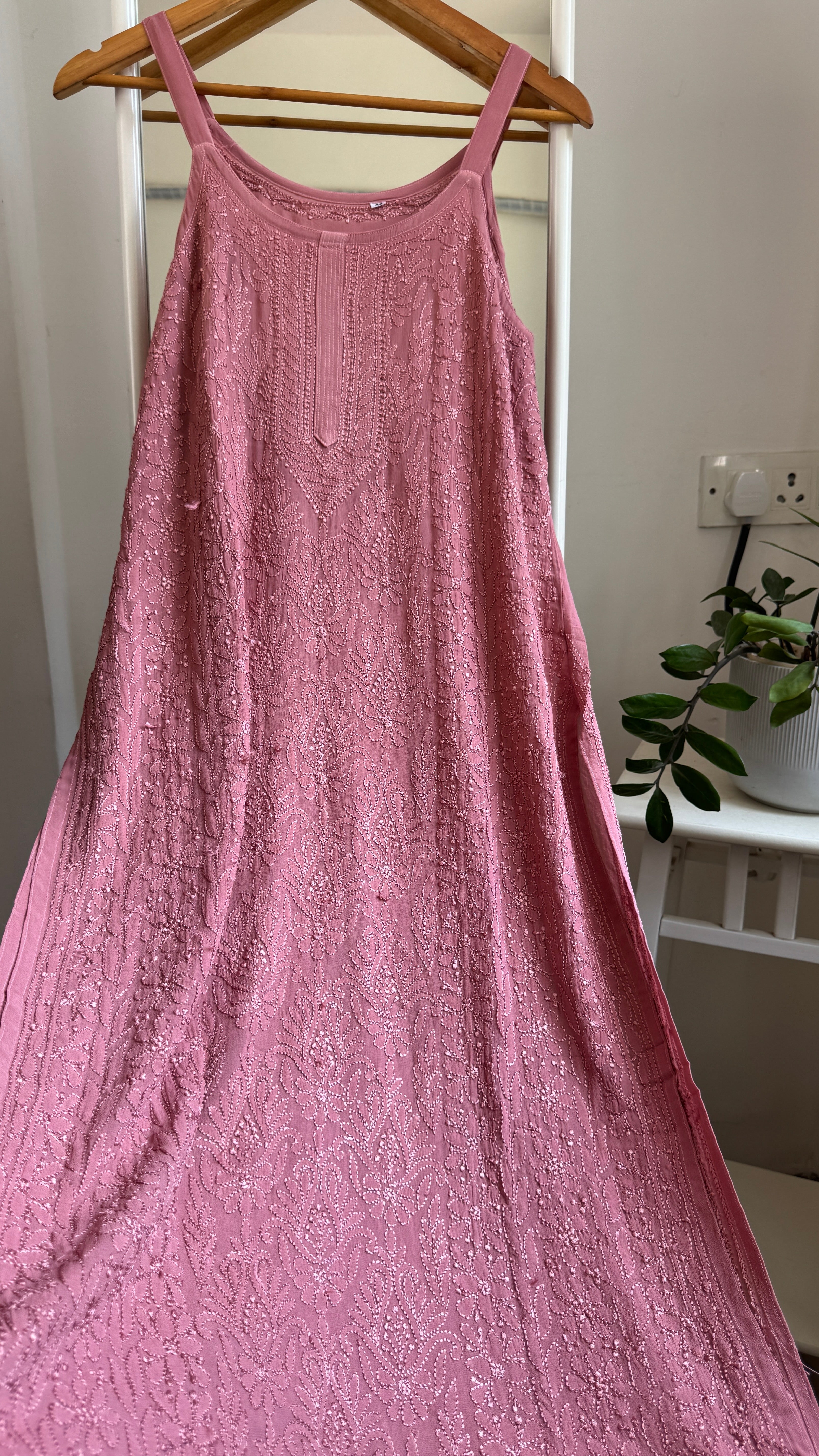 Noodle Strap Chikankari Kurti Long - Rosewood -Rose Collection