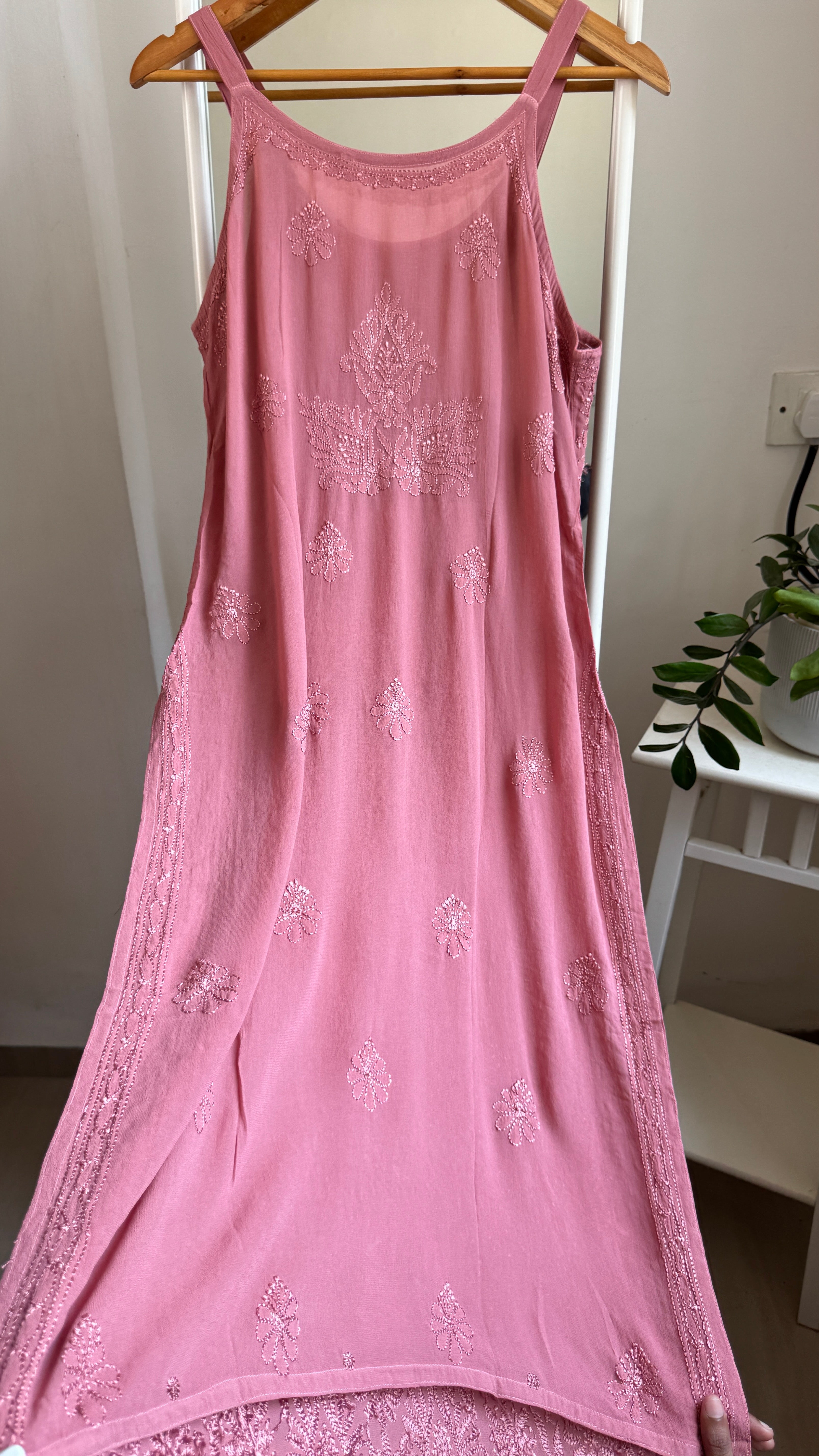 Noodle Strap Chikankari Kurti Long - Rosewood -Rose Collection