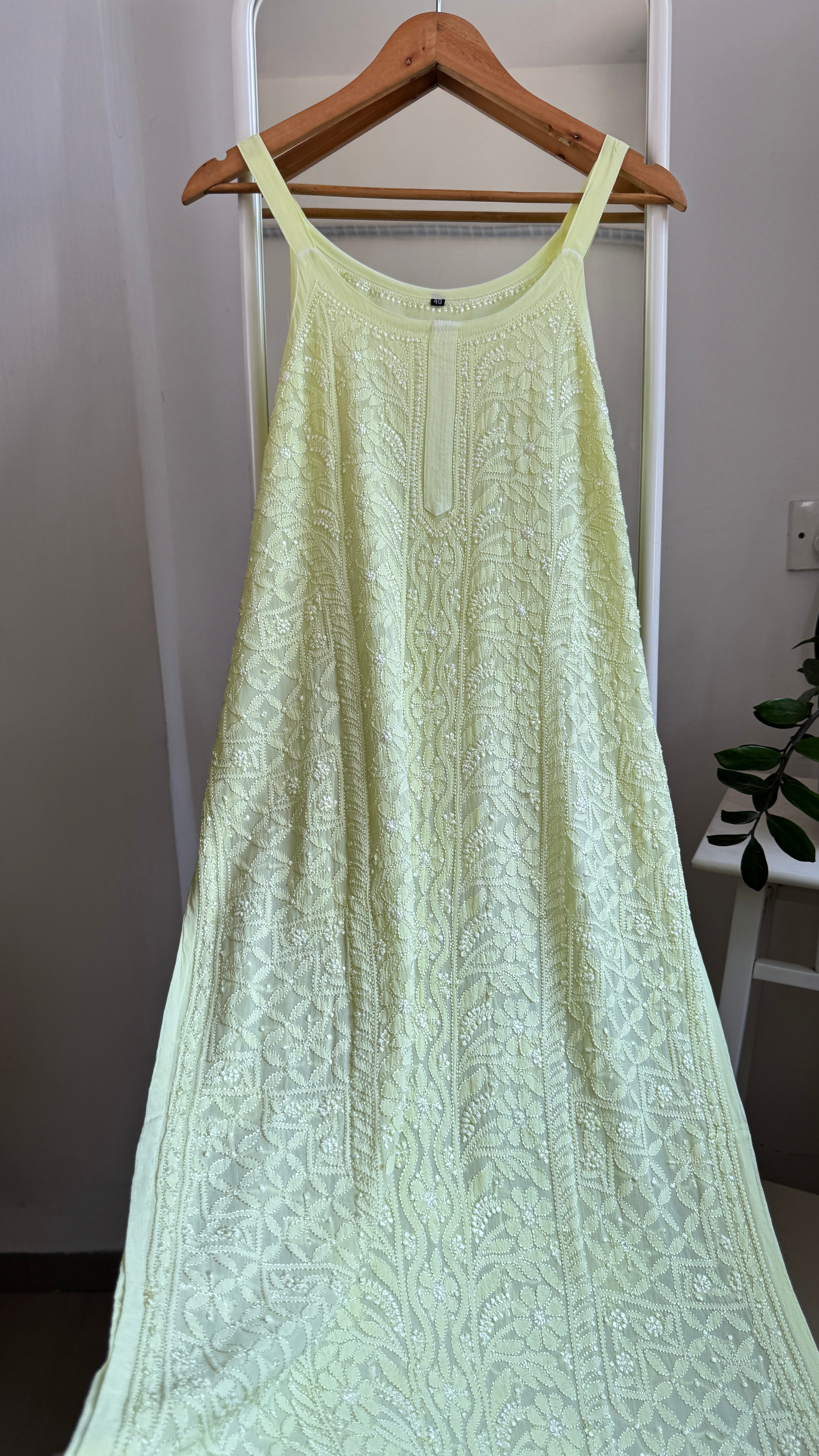 Noodle Strap Chikankari Kurti Long - Apple Green -Rose Collection