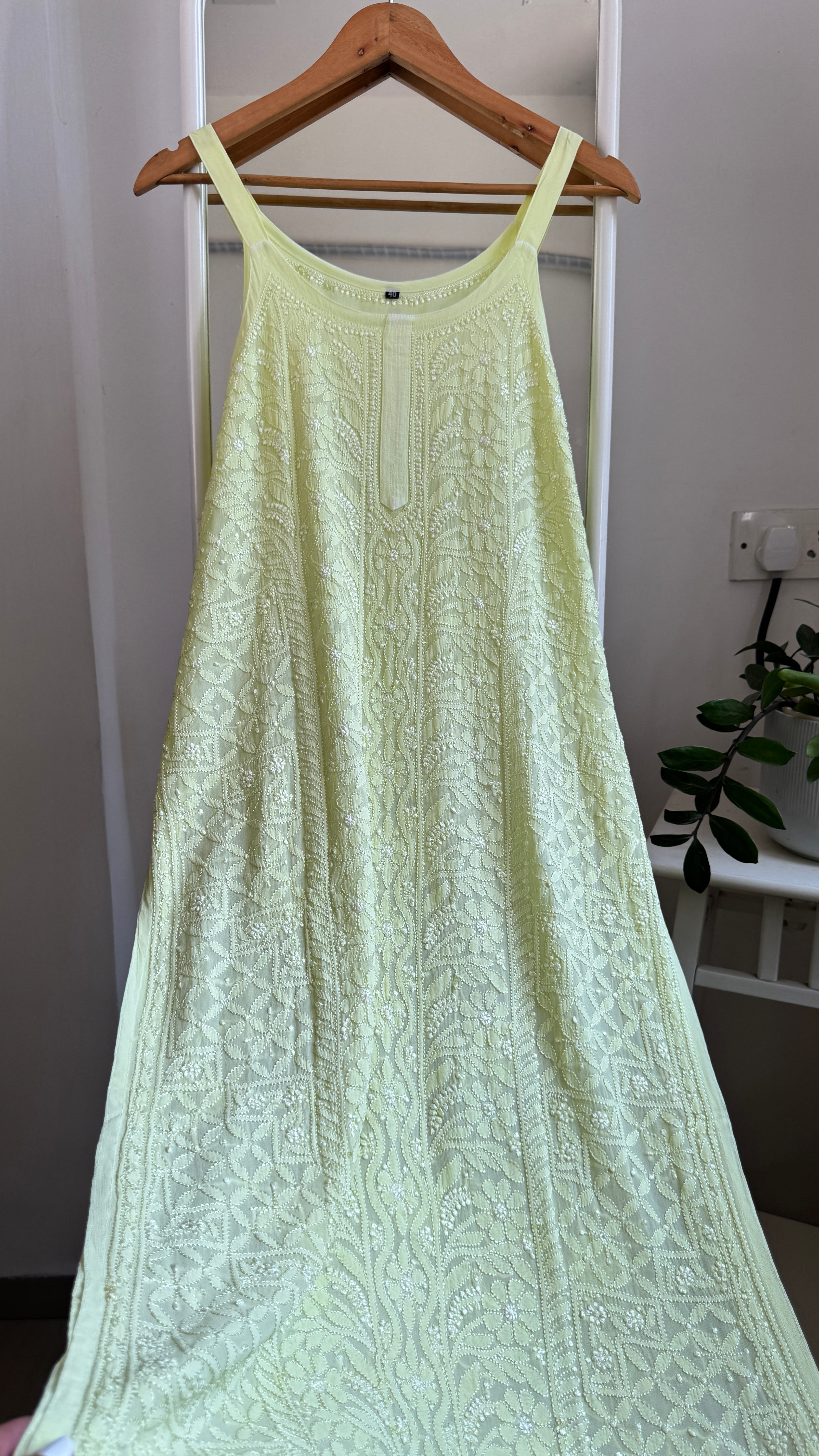 Noodle Strap Chikankari Kurti Long - Apple Green -Rose Collection