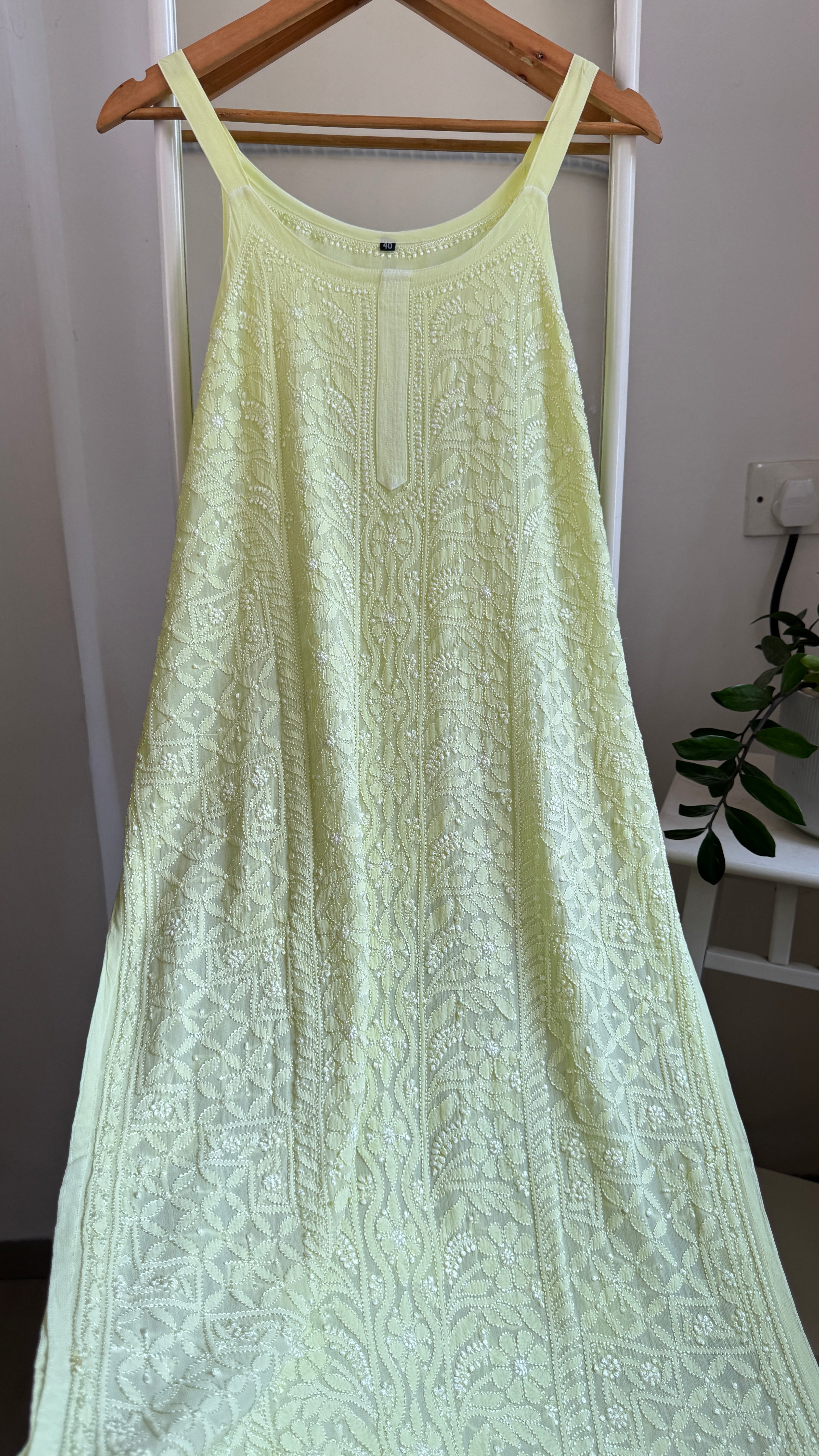 Noodle Strap Chikankari Kurti Long - Apple Green -Rose Collection