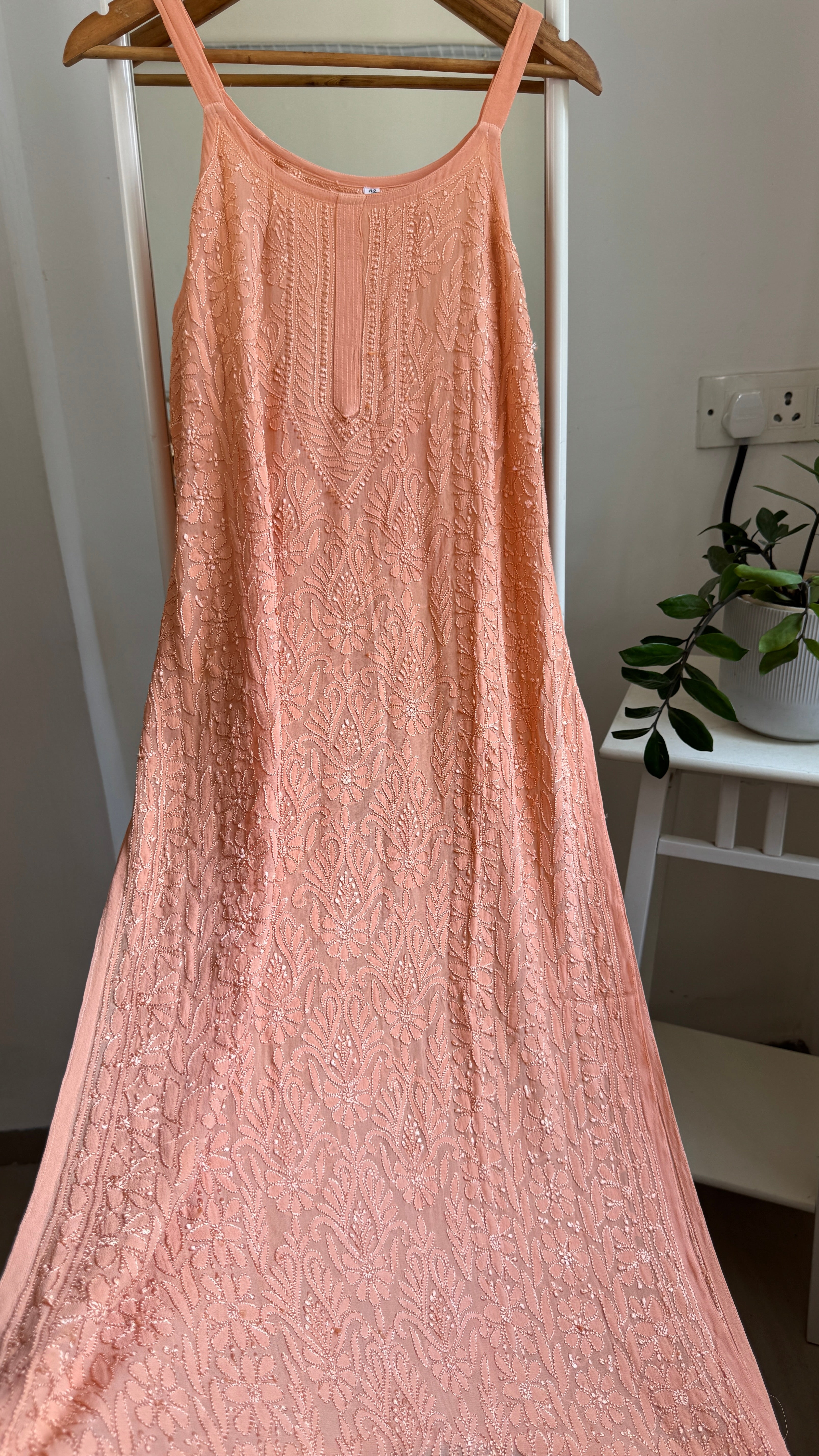 Noodle Strap Chikankari Kurti Long - Peach -Rose Collection