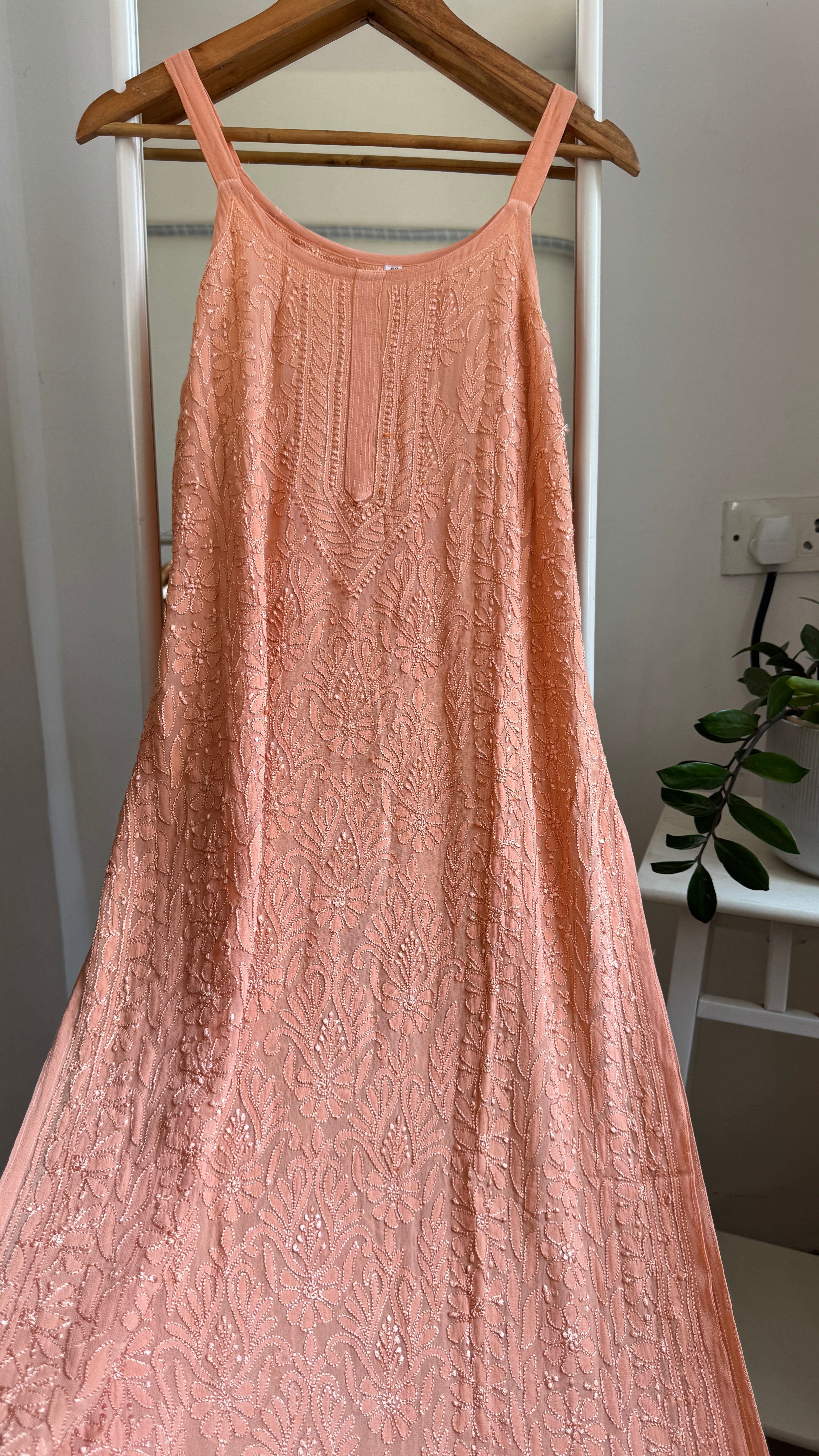 Noodle Strap Chikankari Kurti Long - Peach -Rose Collection