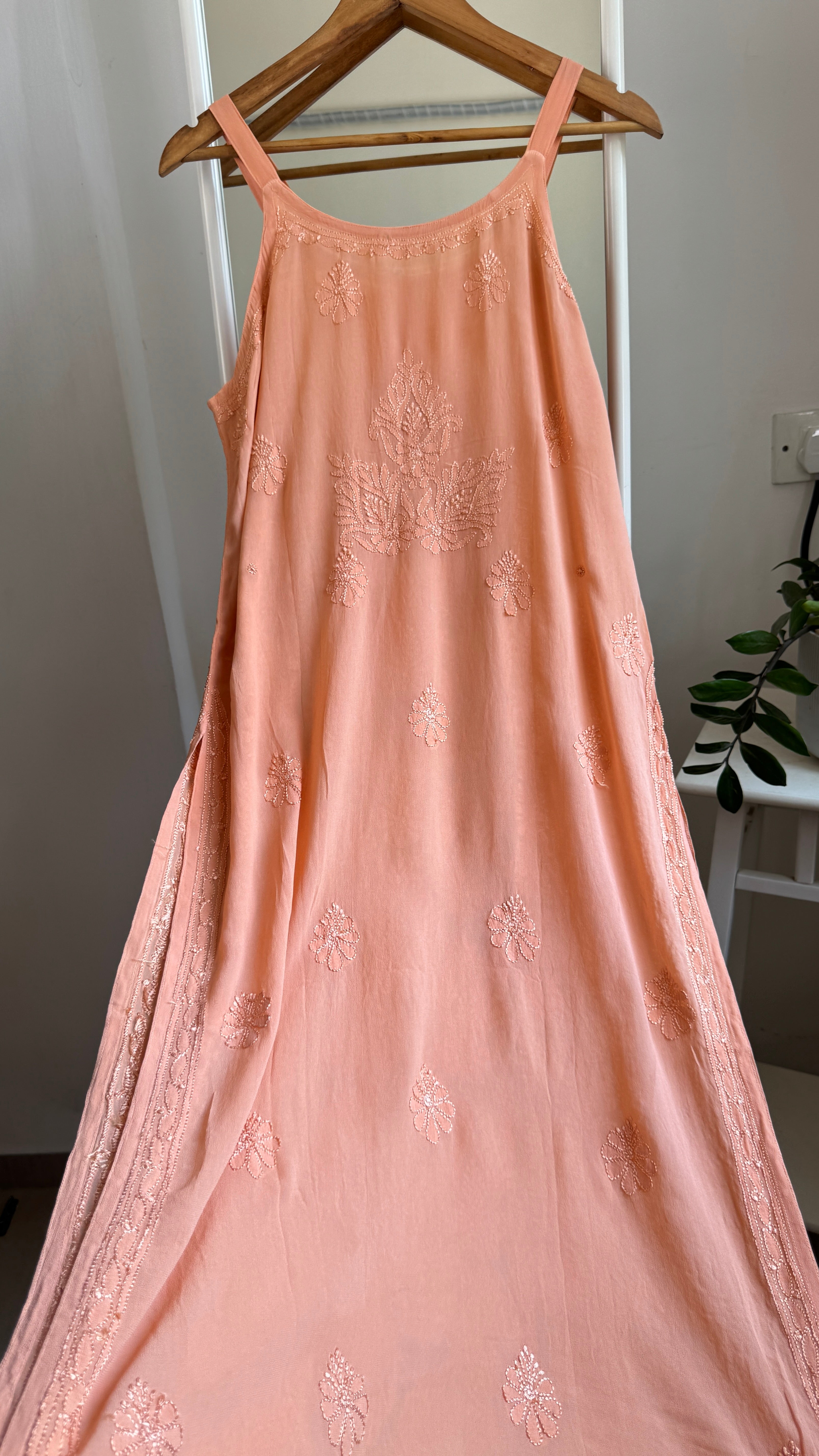 Noodle Strap Chikankari Kurti Long - Peach -Rose Collection