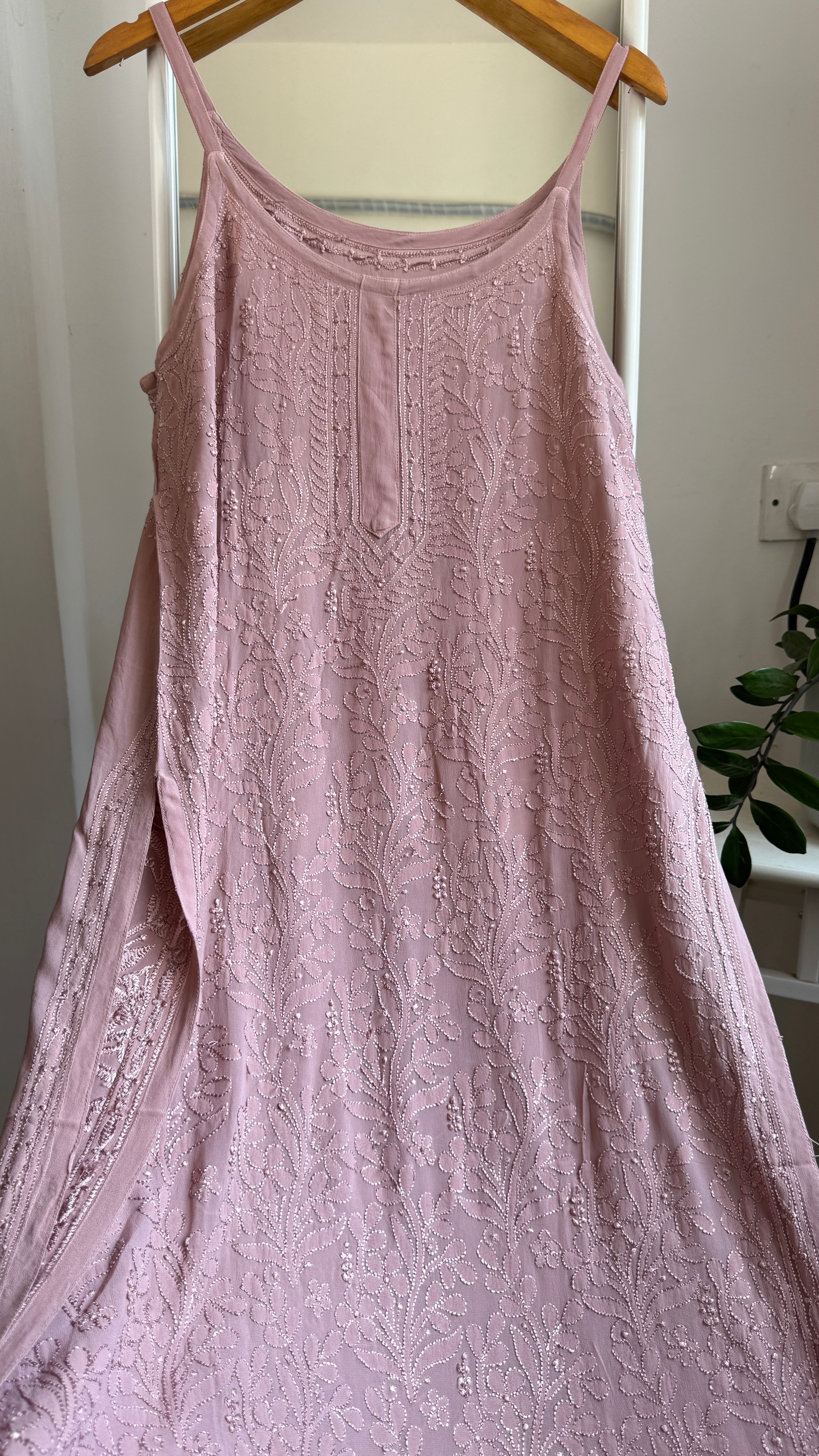 Noodle Strap Chikankari Kurti Long - Dusty Rose -Rose Collection