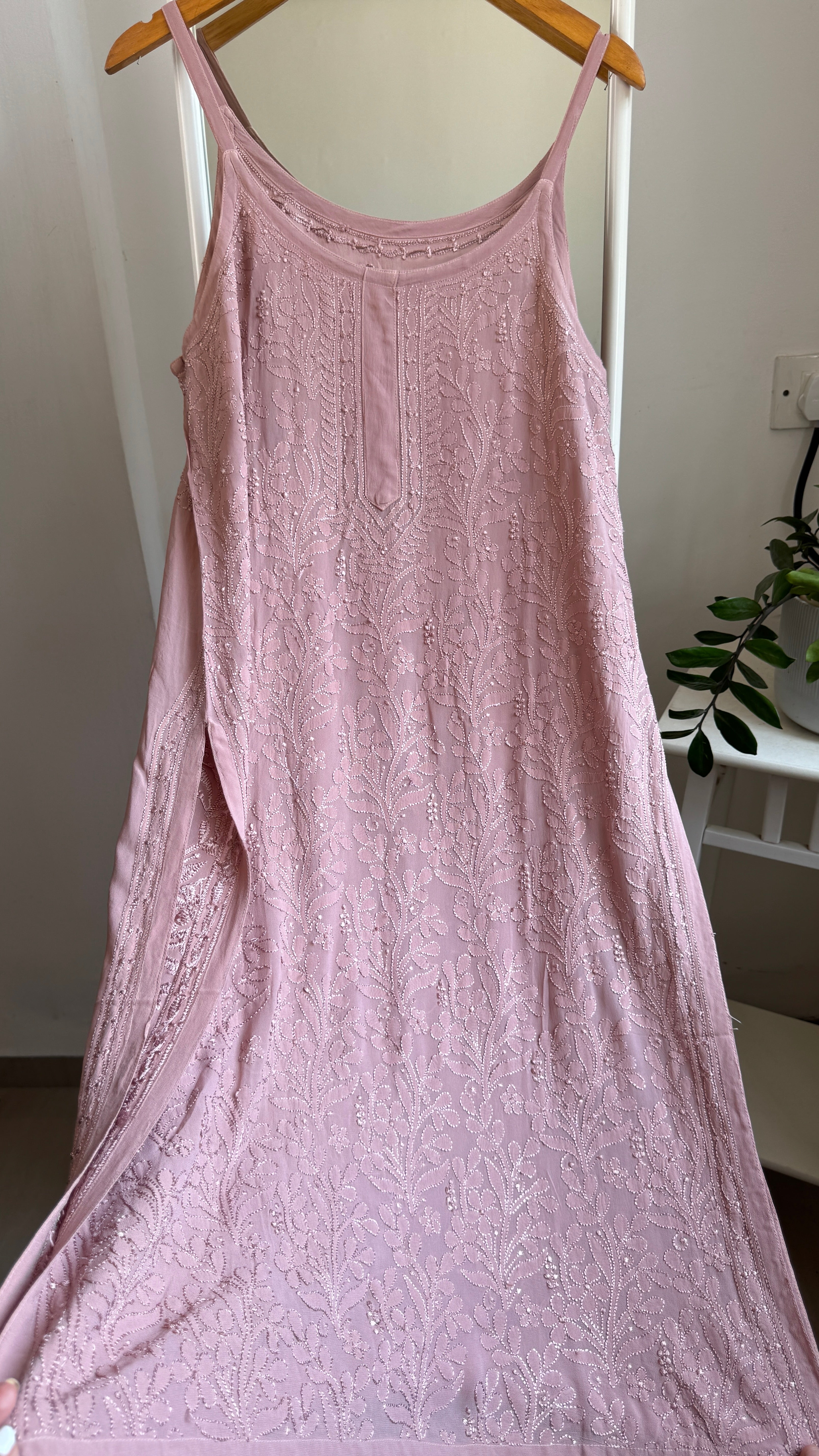 Noodle Strap Chikankari Kurti Long - Dusty Rose -Rose Collection