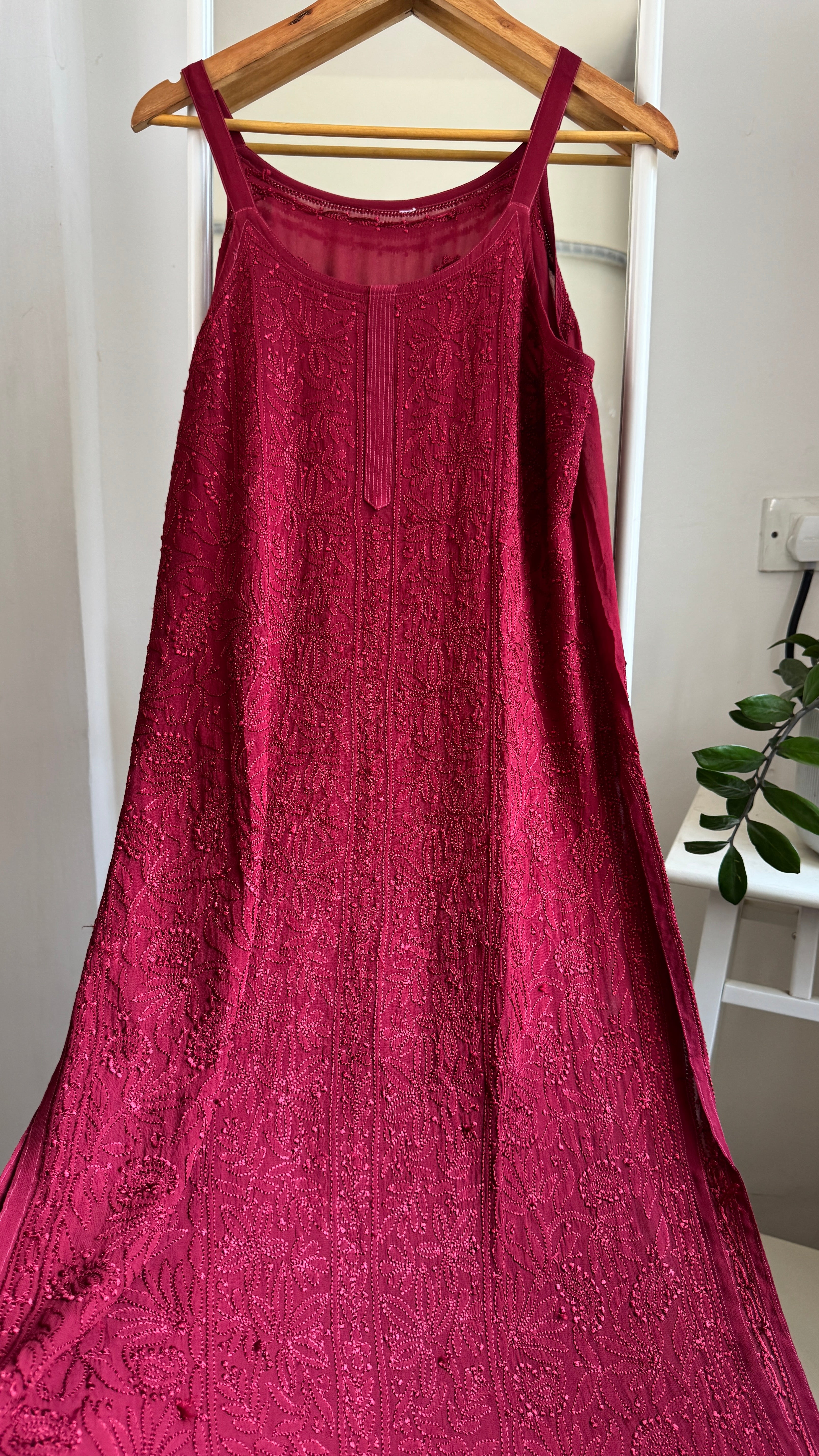 Noodle Strap Chikankari Kurti Long - Maroon -Rose Collection