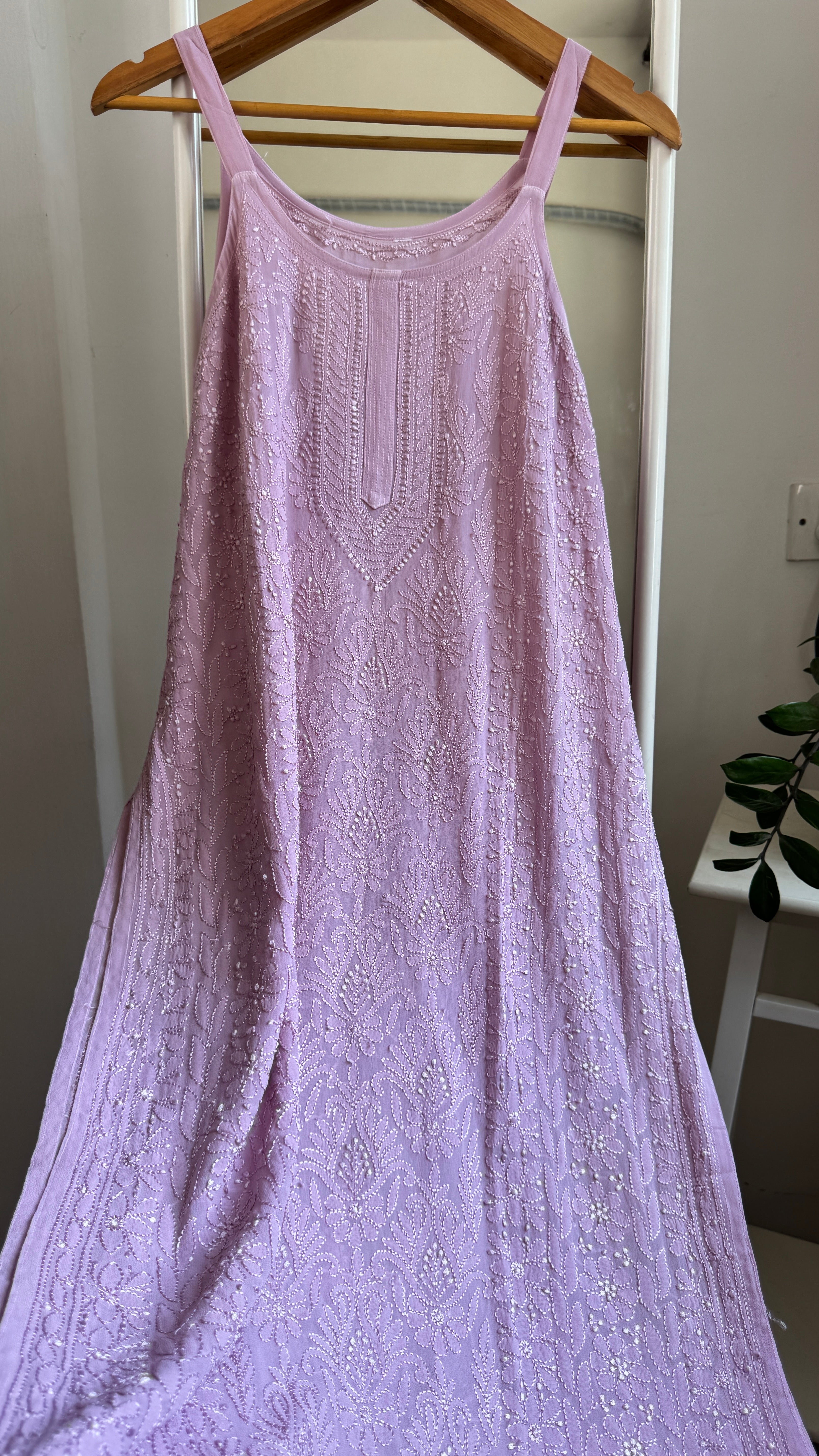 Noodle Strap Chikankari Kurti Long - Mauve -Rose Collection